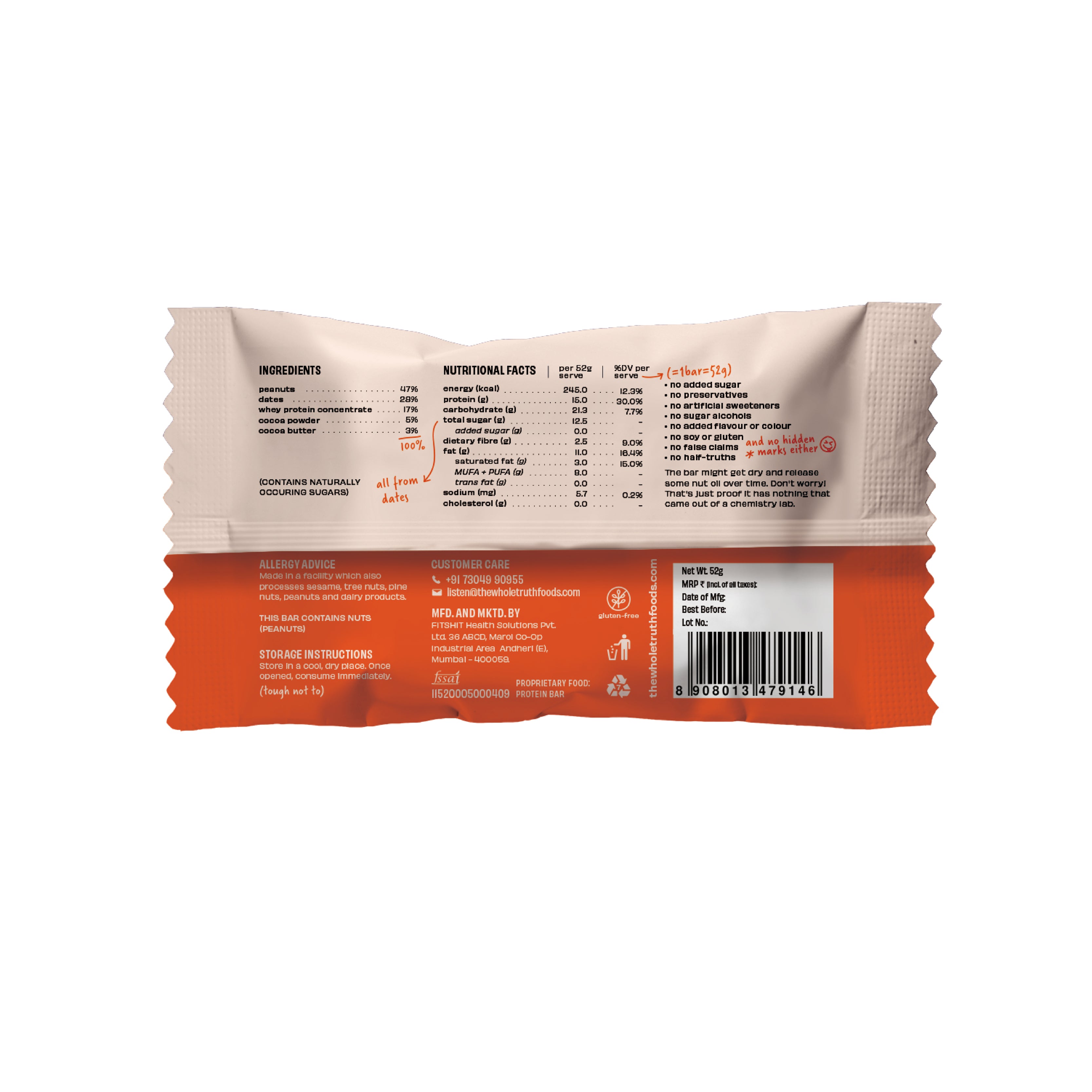 The Whole Truth - Protein Bars - Peanut Cocoa - Pack of 6 (6 x 52g) - No Added Sugar - All Natural