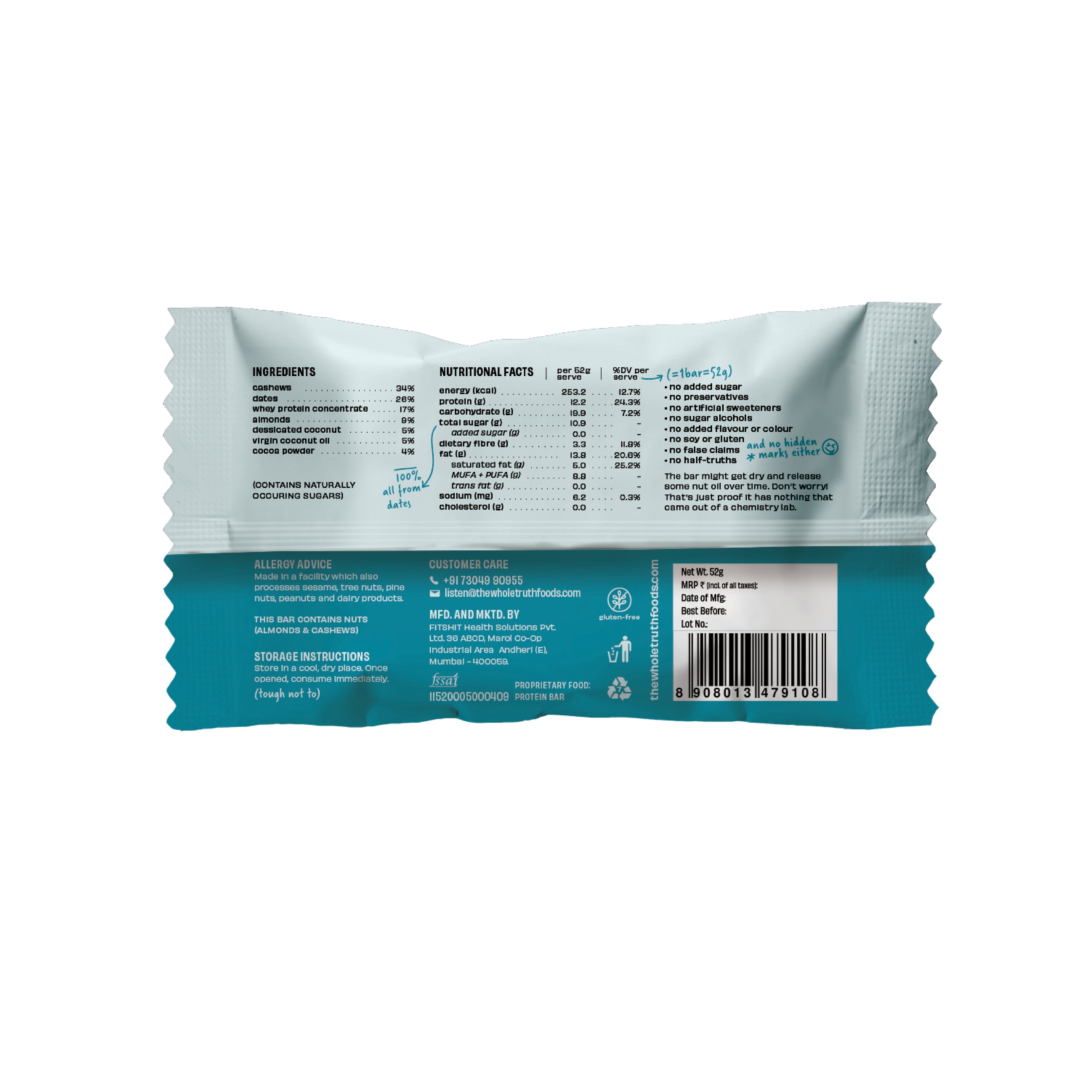 The Whole Truth - Protein Bars - Coconut Cocoa - Pack of 6 (6 x 52g) - No Added Sugar - All Natural