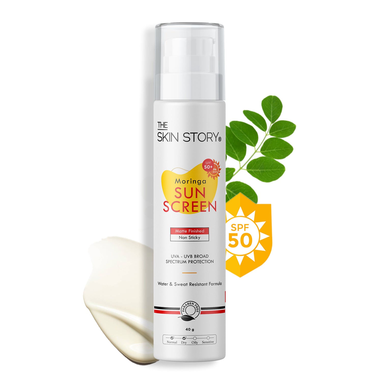 The Skin Story Sunscreen SPF 50 | Broad Spectrum | UVA & UVB Protection | Light & Non Sticky Formula , With Moringa ,40g
