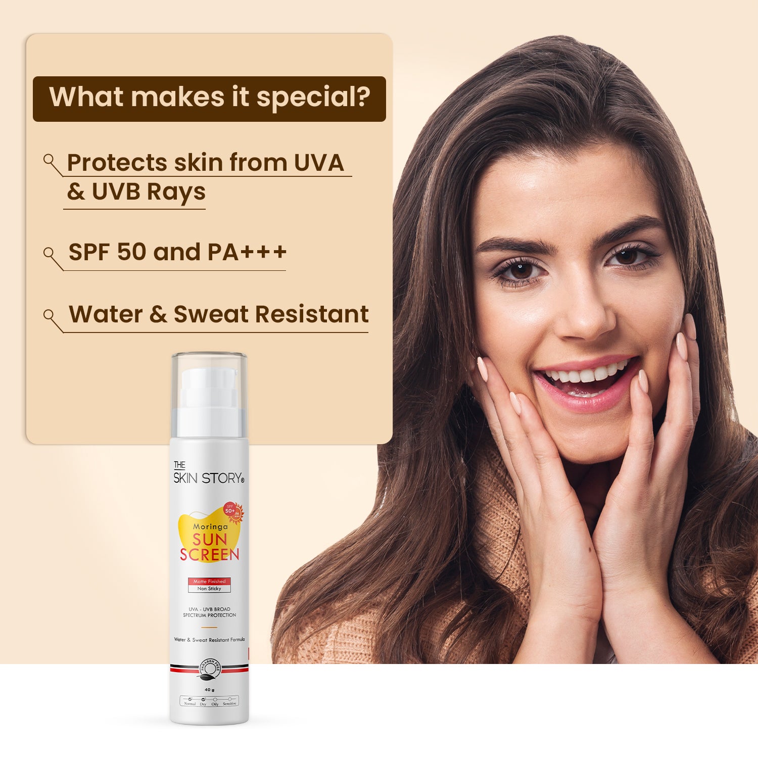 The Skin Story Sunscreen SPF 50 | Broad Spectrum | UVA & UVB Protection | Light & Non Sticky Formula , With Moringa ,40g