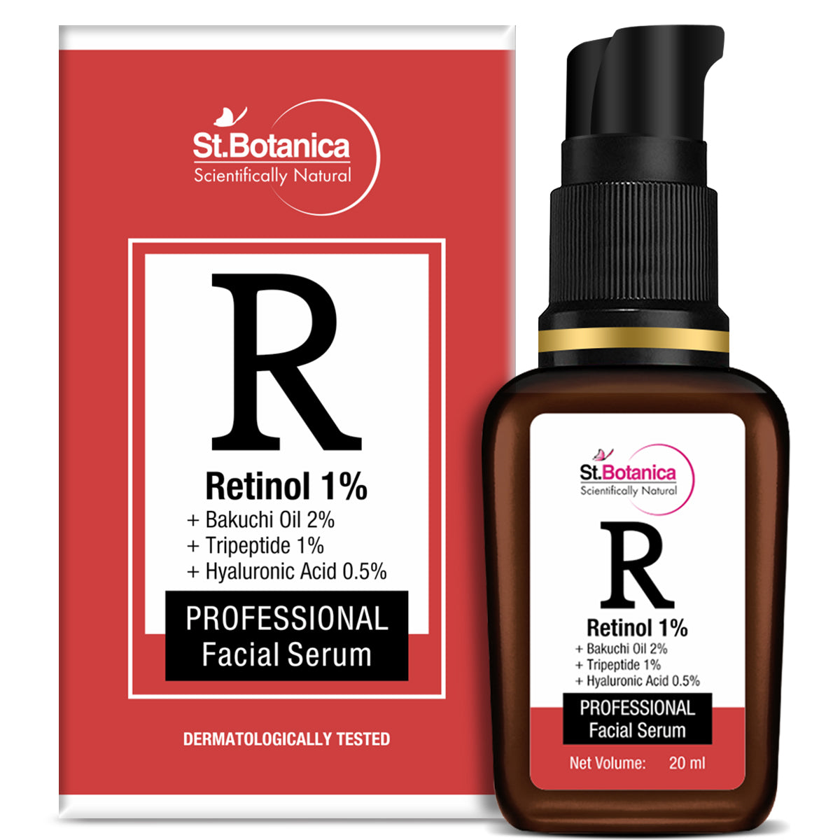 St.Botanica Retinol 1% + Bakuchi Oil 2% + Tripeptide 1% + Hyaluronic Acid 0.5% Face Serum for Wrinkles & Fine Lines, Collagen Boosting, 20 ml
