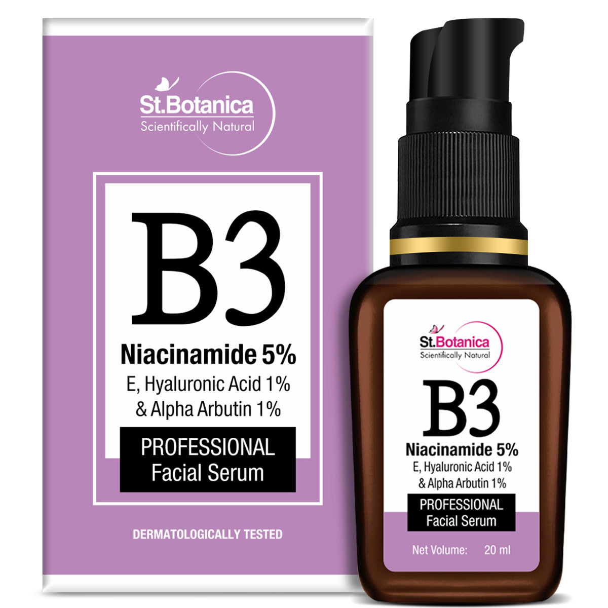 St.Botanica Niacinamide 5%, E + Hyaluronic Acid 1%, Alpha Arbutin 1% Face Serum for Oil-Free, Hydrated & Bright Skin | Pore Reducing Serum, 20 ml
