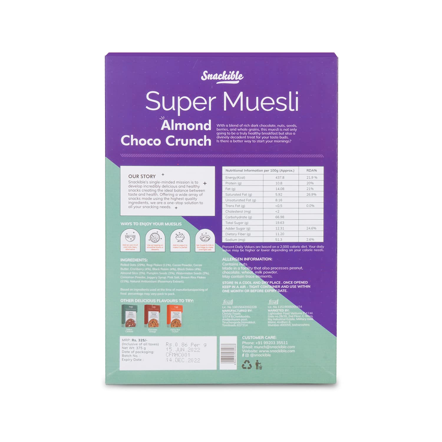 Snackible Almond Choco Crunch Muesli - 375gm