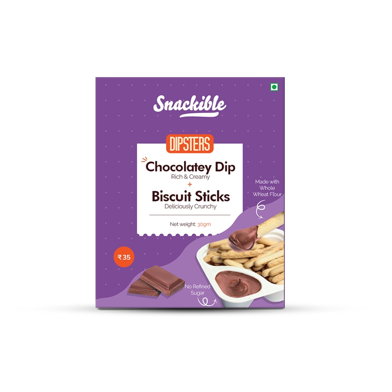 Snackible Dipsters Chocolatey Dip with Biscuit Sticks (Pack of 12) | 30 g each