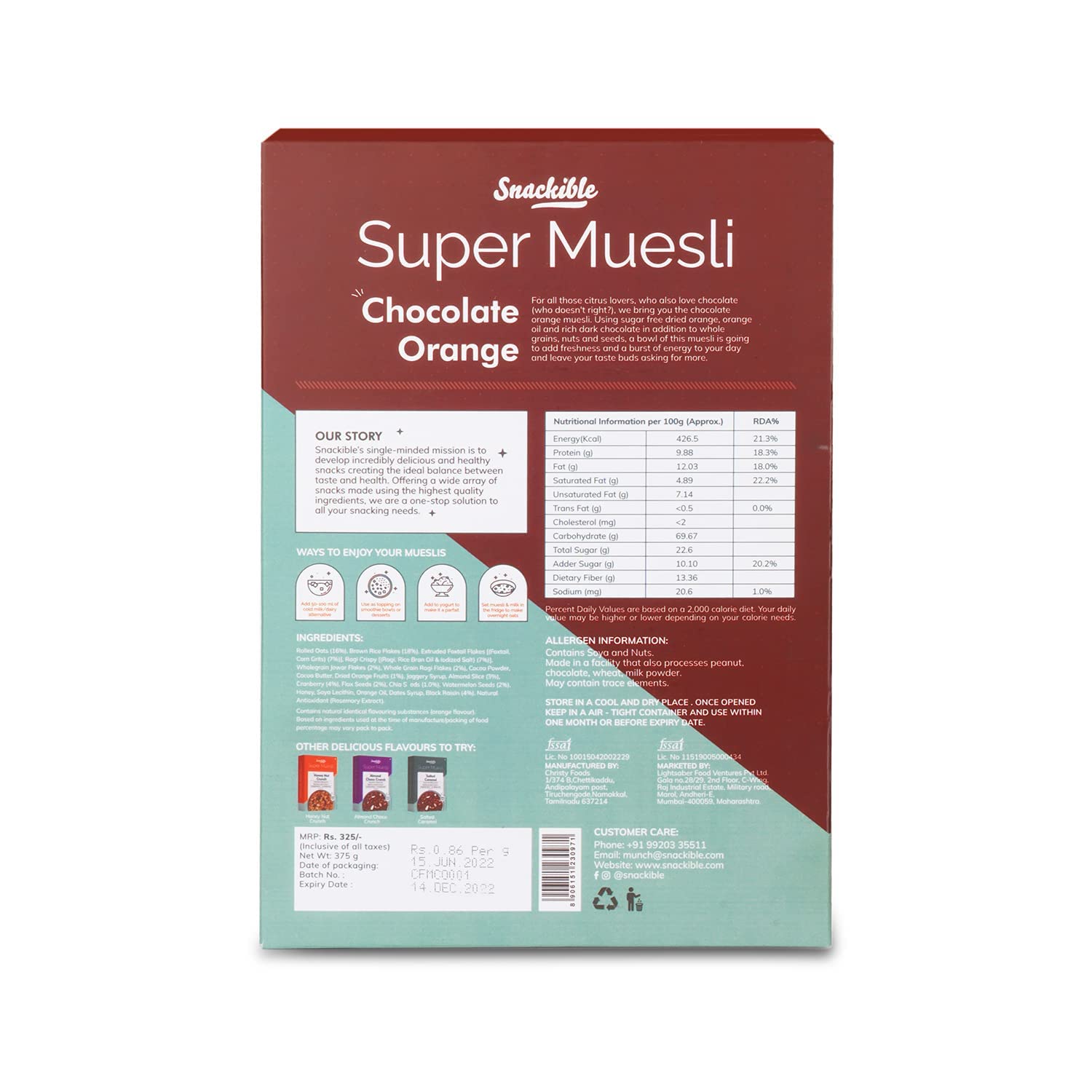 Snackible Chocolate Orange Muesli - 375gm