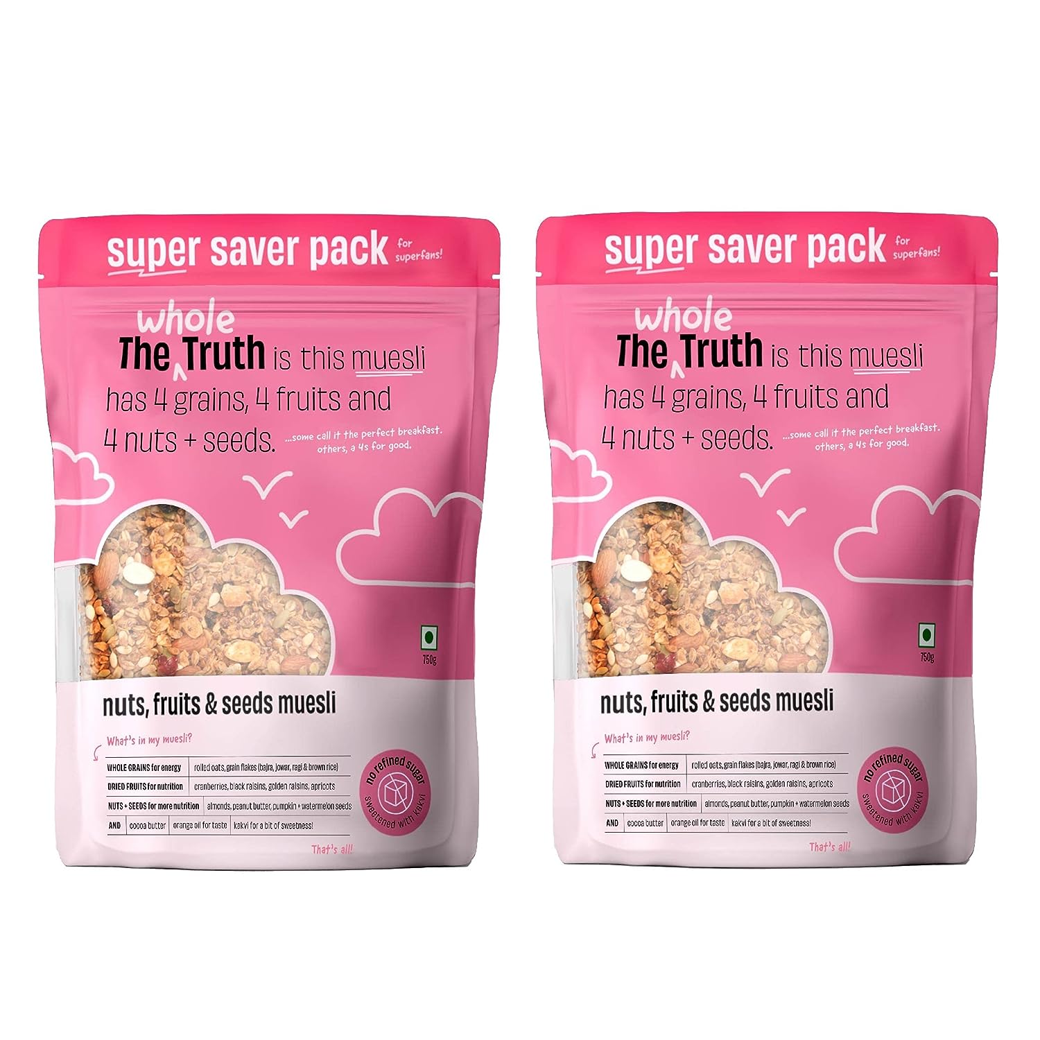 The Whole Truth - SUPERSAVER Breakfast Muesli Combo - Nuts, Fruits and Seeds - 750g - Pack of 2
