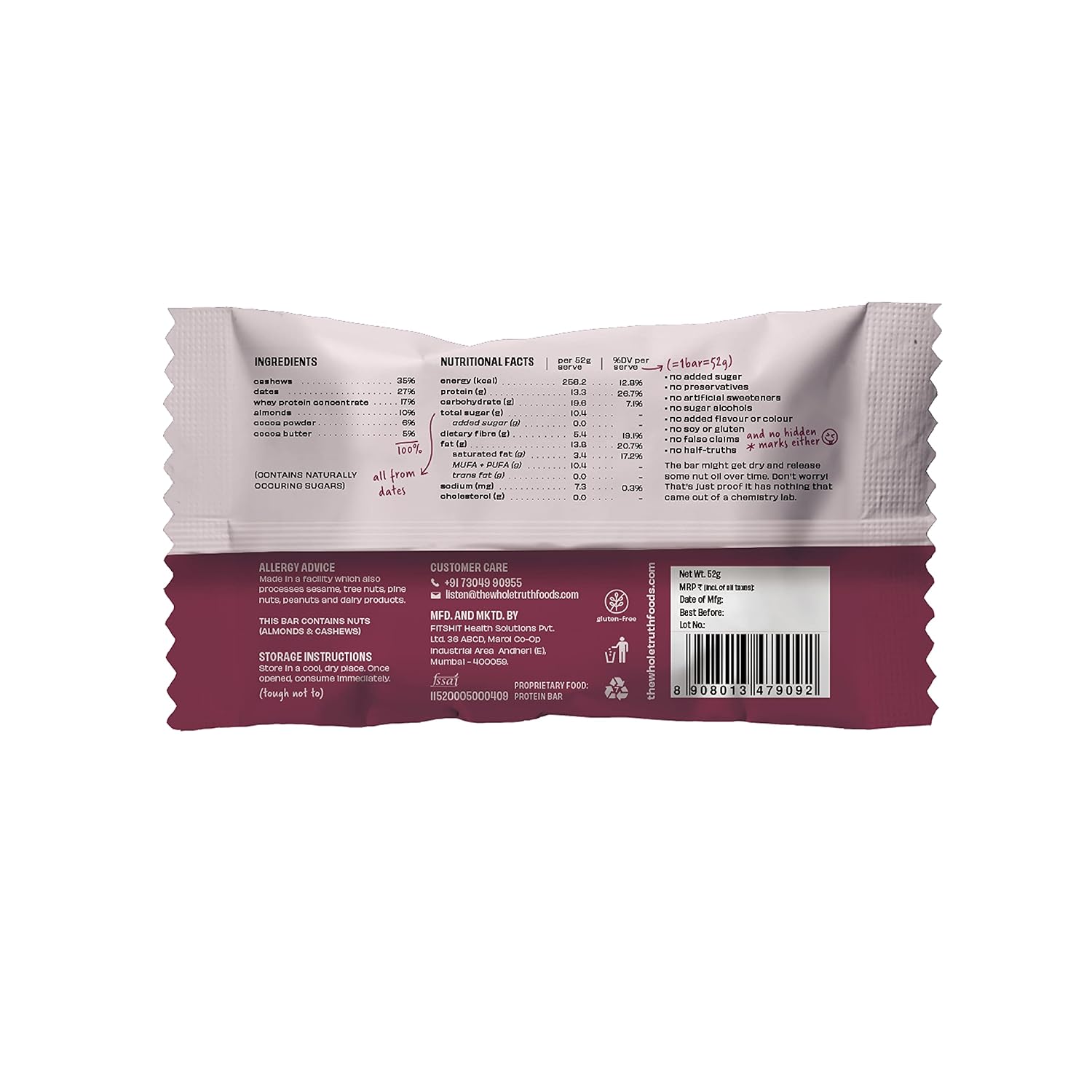 The Whole Truth - Protein Bars - Double Cocoa - Pack of 6 (6 x 52g) - No Added Sugar - All Natural