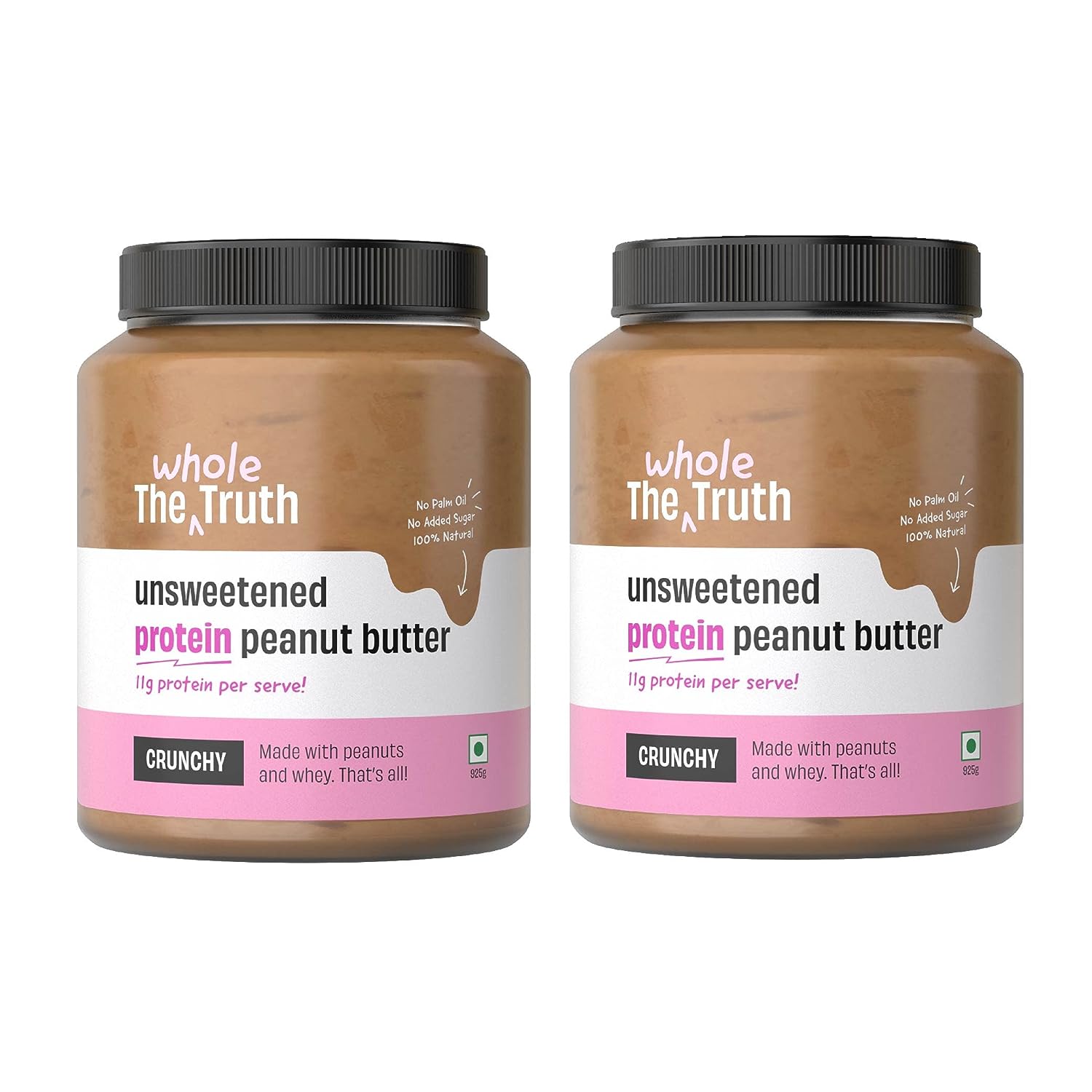 The Whole Truth - Supersaver | Unsweetened Protein Peanut Butter | Pack of 2 | 1850g | Crunchy | No Added Sugar | No Artificial Sweeteners | Gluten Free | No Preservatives | 100% Natural