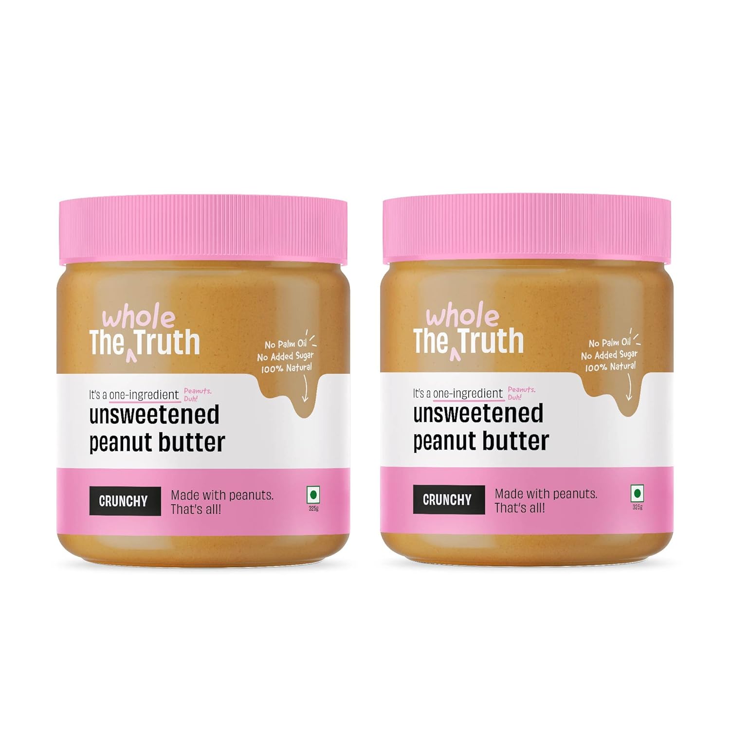The Whole Truth - No Added Sugar Unsweetened Peanut Butter Pack of 2 - Crunchy - 650g - Gluten Free - No added preservatives