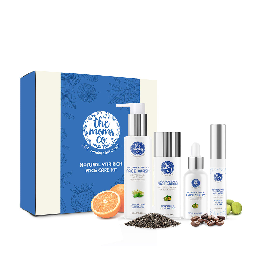 The Moms Co. Natural Vita Rich Face Care Regime Kit for Glowing Skin & reducing Pigmentation - Face Wash, Face Cream, Face Serum, Under Eye Cream