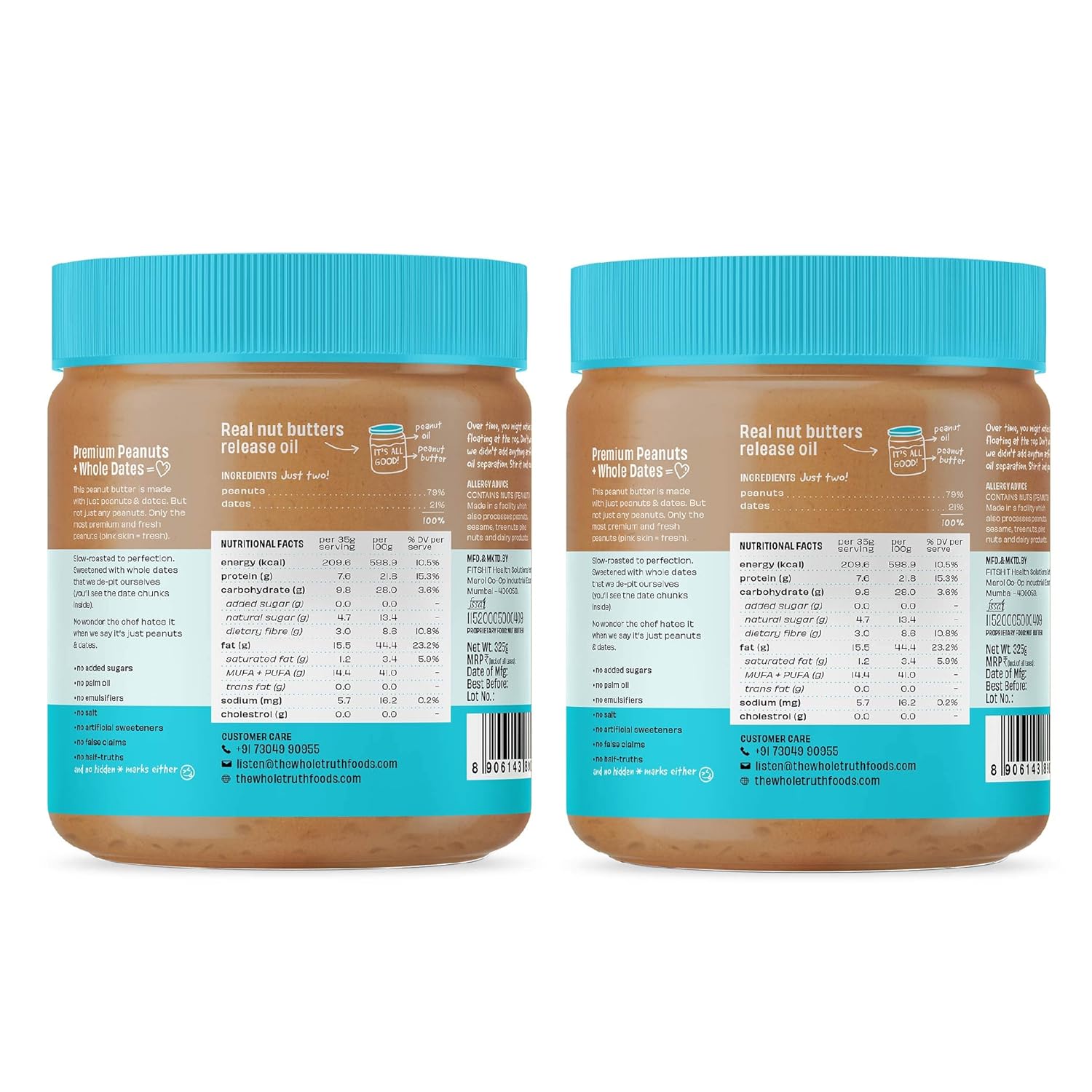 The Whole Truth - Peanut Butter with Dates | Pack of 2 | 650 g | Crunchy | No Added Sugar | No Artificial Sweeteners | Vegan | Gluten Free | No Preservatives | 100% Natural