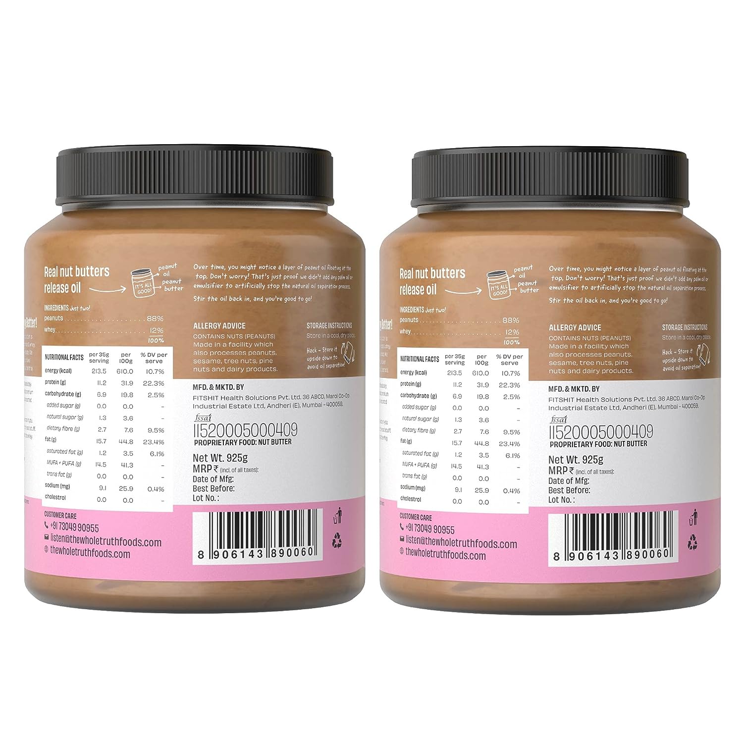 The Whole Truth - Supersaver | Unsweetened Protein Peanut Butter | Pack of 2 | 1850g | Crunchy | No Added Sugar | No Artificial Sweeteners | Gluten Free | No Preservatives | 100% Natural