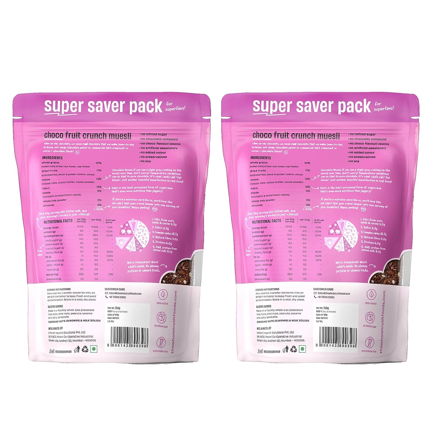 The Whole Truth - SUPERSAVER Breakfast Muesli Combo - Choco Fruit Crunch - 750g - Pack of 2 - Made with Real Chocolate - No artificial flavours - No preservatives