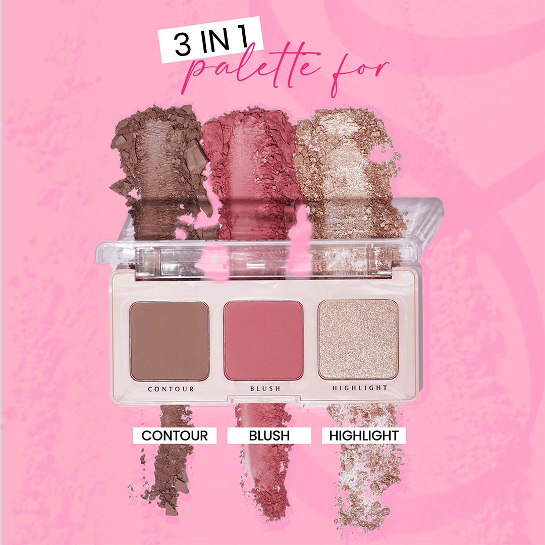 Glam21 Cheeky Affair 3in1 Face Palette Blush, Contour & Highlighter|Waterproof Makeup Kit 8.6g (Shade-03)
