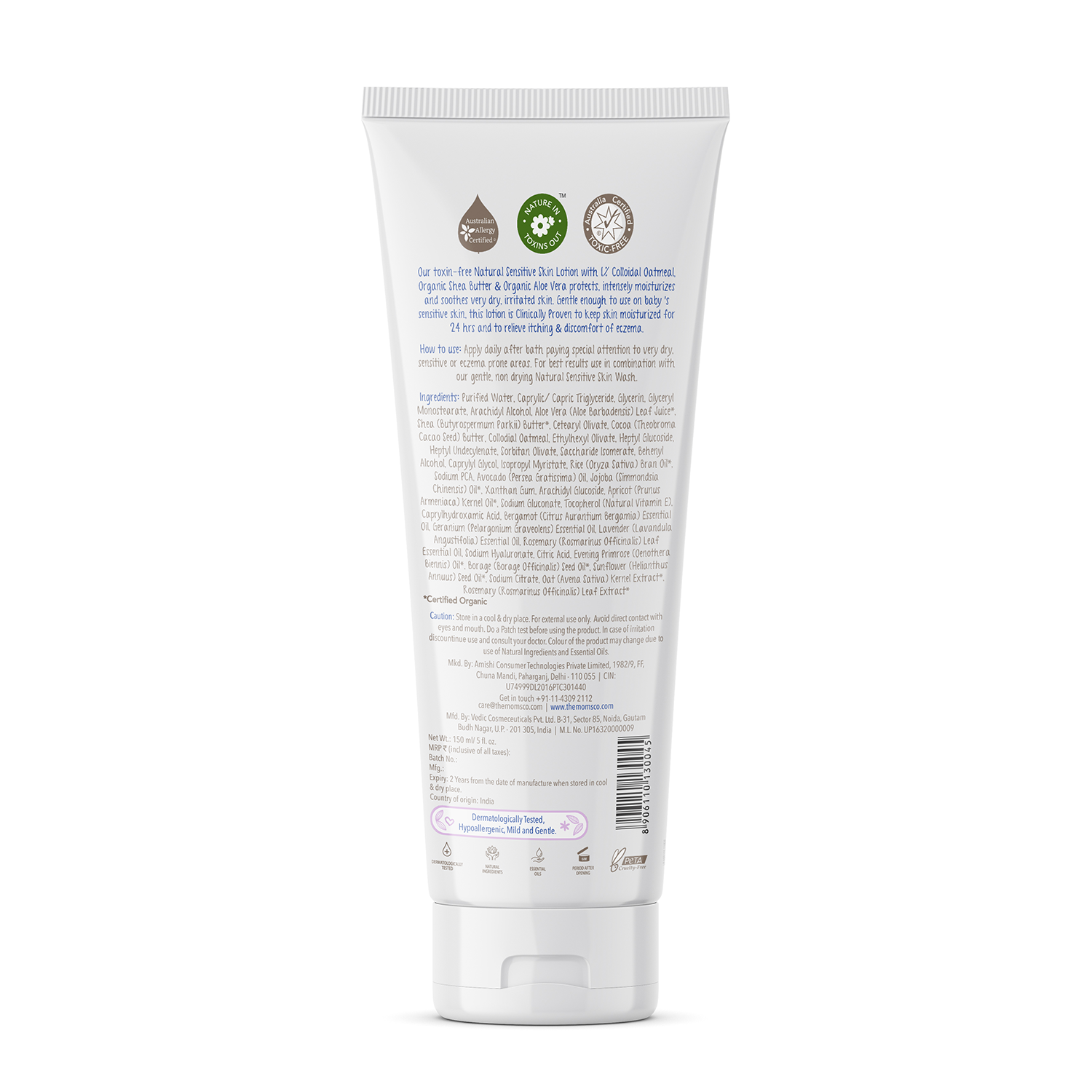 The Moms Co Lotion for Very Dry, Sensitive Skin | Clinically Proven 24 Hour Moisturising Baby Lotion | Itchy or Redness and Rashes Prone Skin - The Moms Co. Natural Sensitive Skin Lotion (150ml)