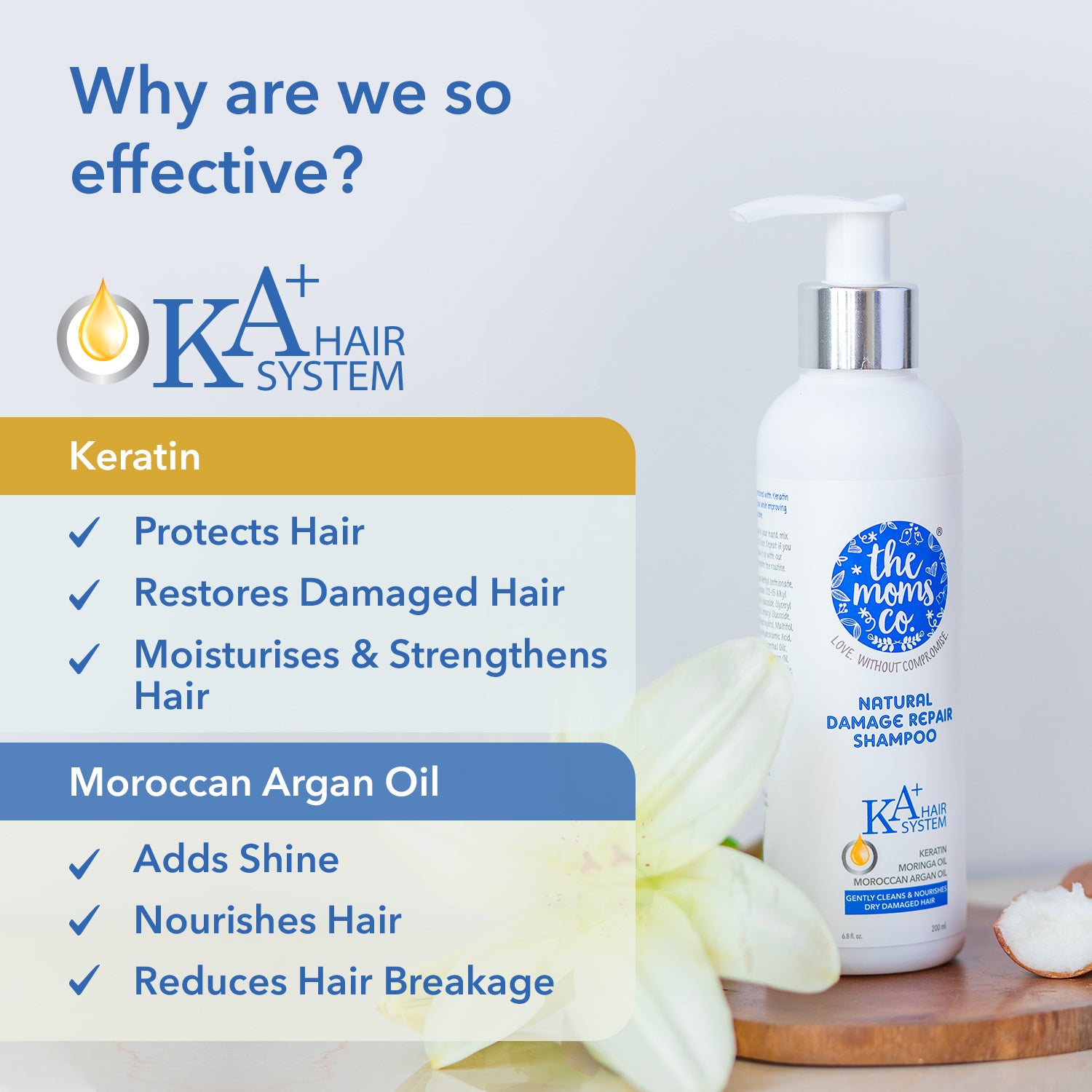 The Moms Co. Natural Damage Repair KA + Hair Shampoo with Keratin and Moroccan Argan Oil for Dry & Damaged Hair 200ml