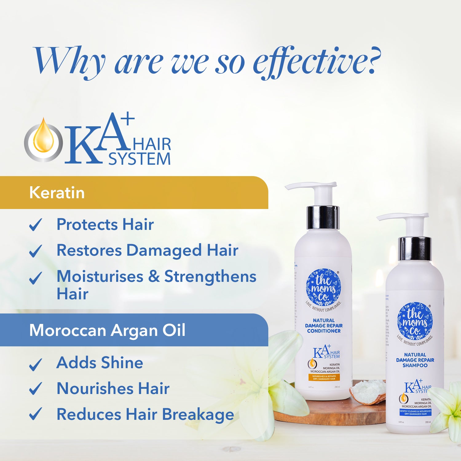 The Moms Co. Natural Damage Repair KA + Hair Care Kit with Hair Shampoo & conditioner with Keratin and Moroccan Argan Oil for Dry & Damaged Hair 400 ML