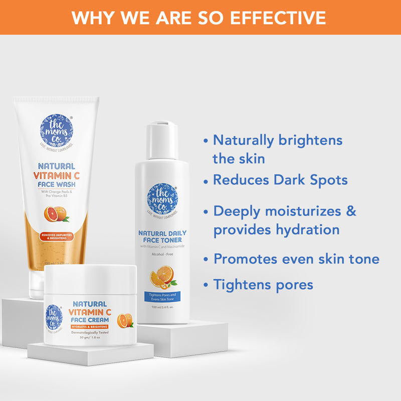 The Moms Co. Vitamin C Routine Kit |All Day Glow | Face Wash I Toner I Cream l Free Vanity Bag 