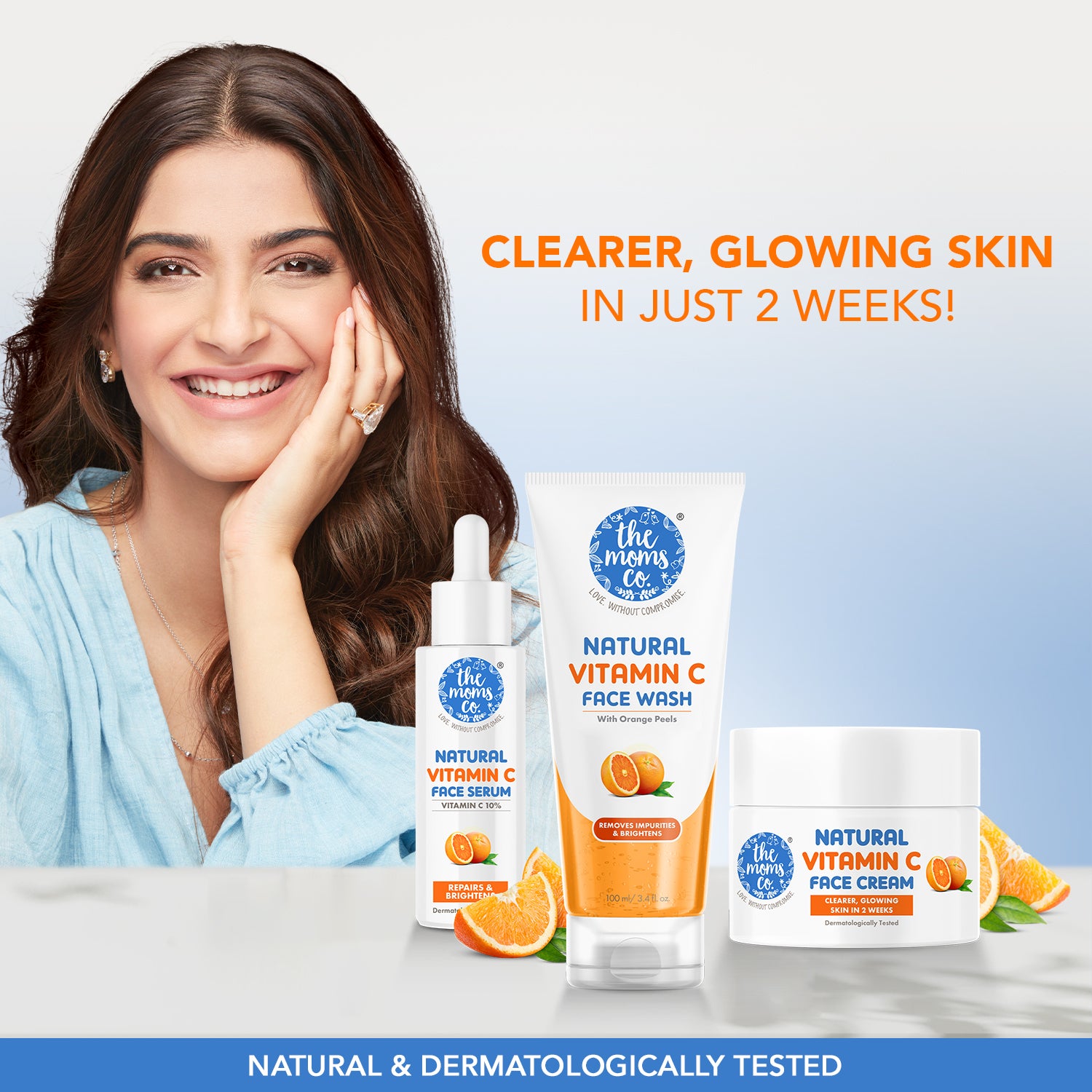 The Moms Co. Natural Brightening Advanced Vitamin C Complete Face Care Routine Kit l l Face Wash I Toner I Serum I Cream l Free Vanity Bag I 300 gms