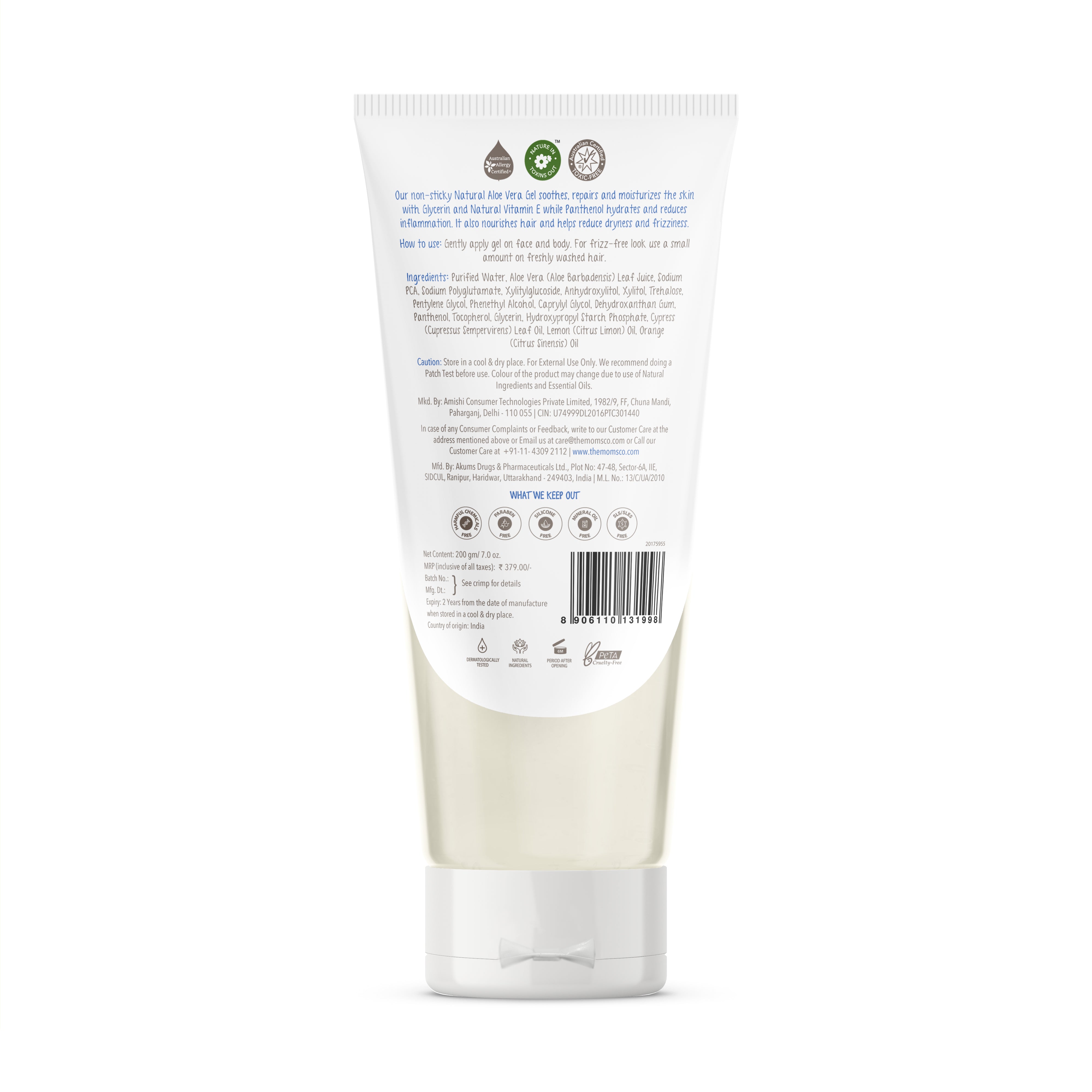 The Moms Co. Multi-Purpose, Natural & Chemical Free Aloe Vera Gel with Vitamin E & Pro Vitamin B5 for Face, Skin, Scalp & Hair-200 Gm