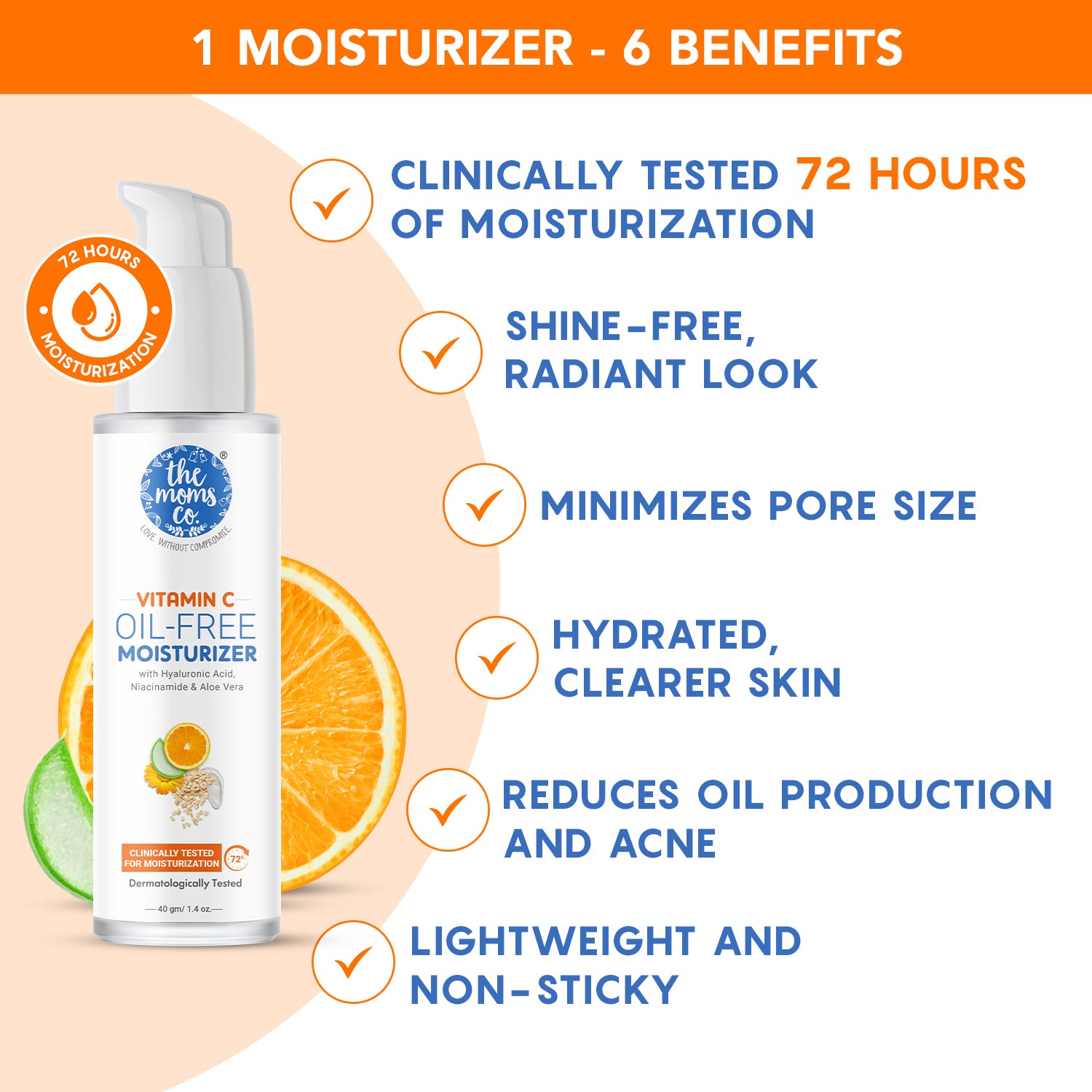 The Moms Co. Natural Vitamin C Oil-Free Moisturizer for Face| With Hyaluronic Acid, Niacinamide and Aloe Vera|Regulates Oil Production, Minimizes Acne & Controls Shine |For Women and Men 40g