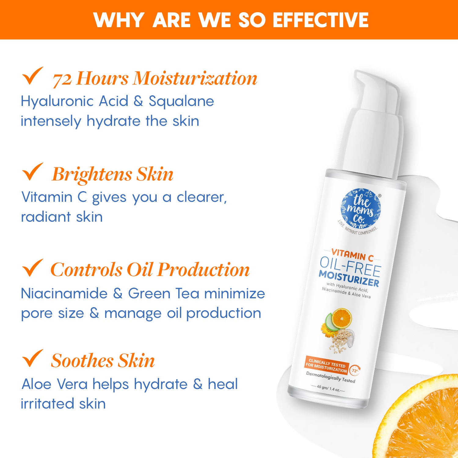 The Moms Co. Natural Vitamin C Oil-Free Moisturizer for Face| With Hyaluronic Acid, Niacinamide and Aloe Vera|Regulates Oil Production, Minimizes Acne & Controls Shine |For Women and Men 40g