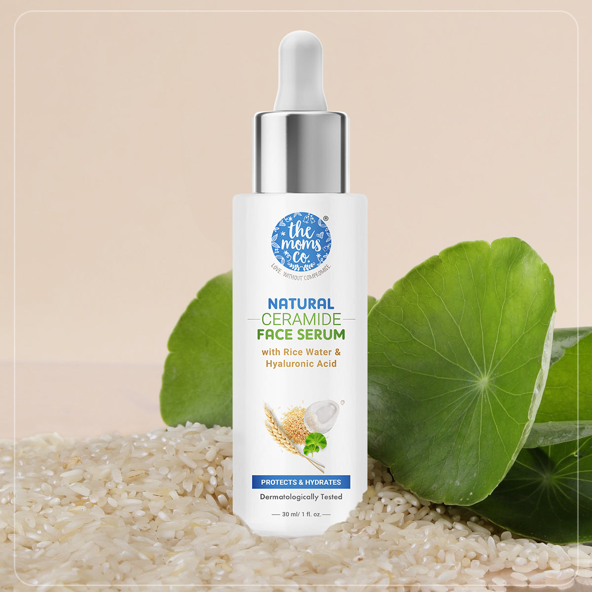 The Moms Co Natural Ceramide Face Serum with Rice Water & Hyaluronic Acid for Skin protection and hydration, Face Serum for Unisex All Skin, 30ml