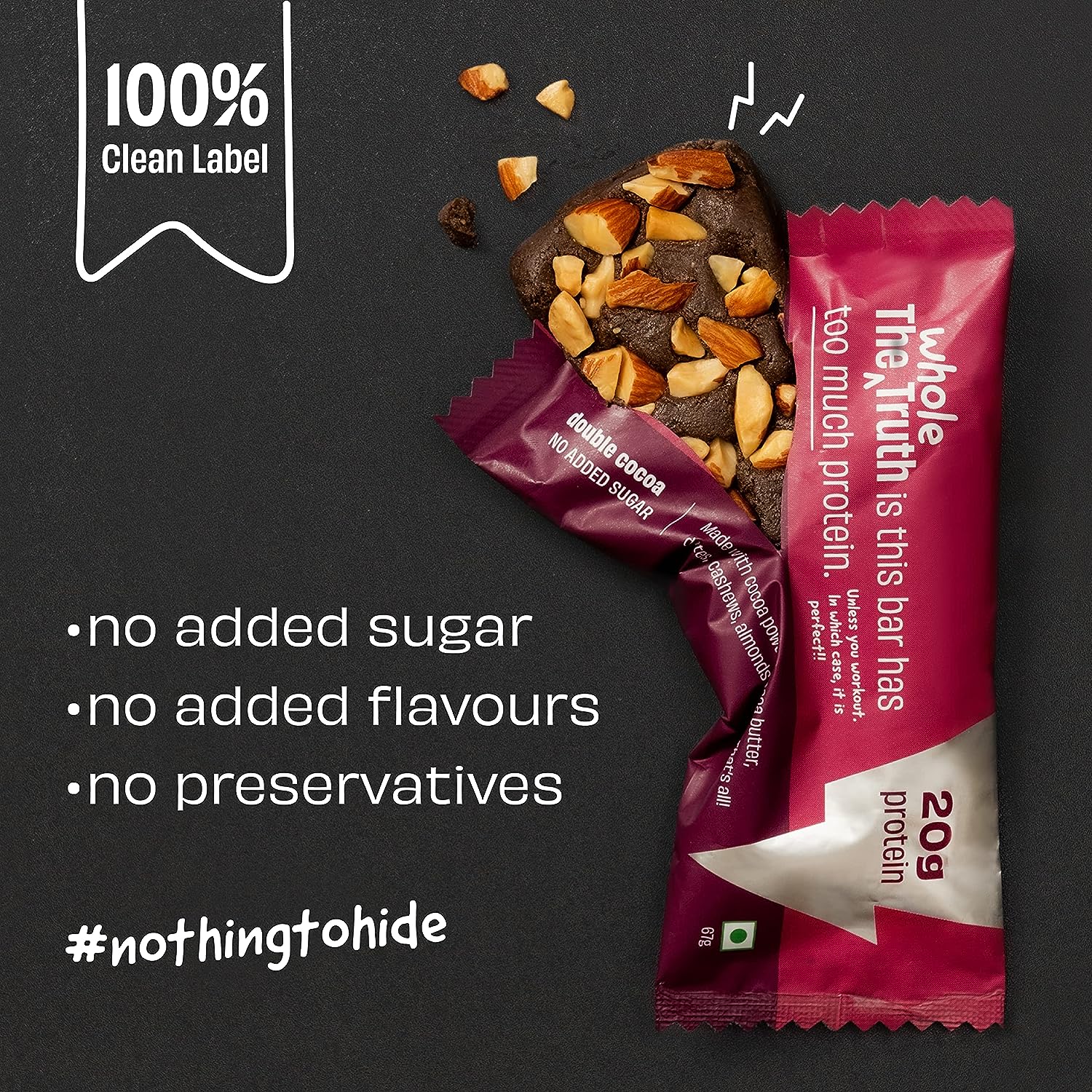 The Whole Truth - High Protein All in One 20g Protein Bar - Pack of 5 x 67g each - No Added Sugar - No Preservatives - No Artificial Flavours - All Natural