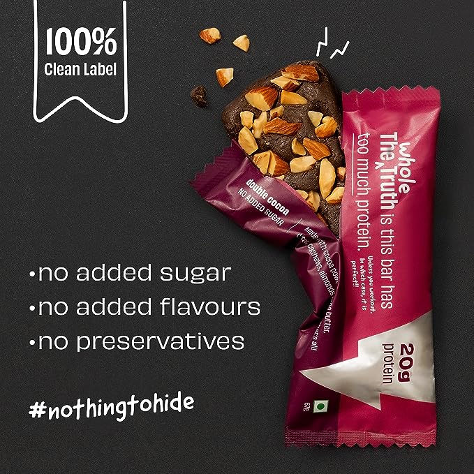The Whole Truth - High Protein Double Cocoa 20g Protein Bar - Pack of 5 x 67g each - No Added Sugar - No Preservatives - No Artificial Flavours - All Natural