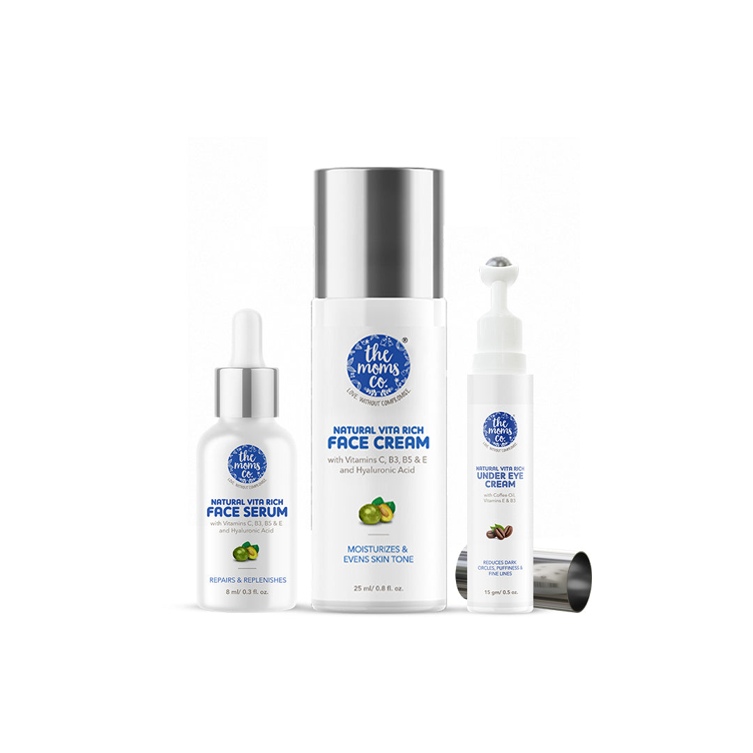 The Moms Co. 24 Hour Skincare Starter Kit | With Natural Vita Rich Face Serum, Cream And Under Eye Cream