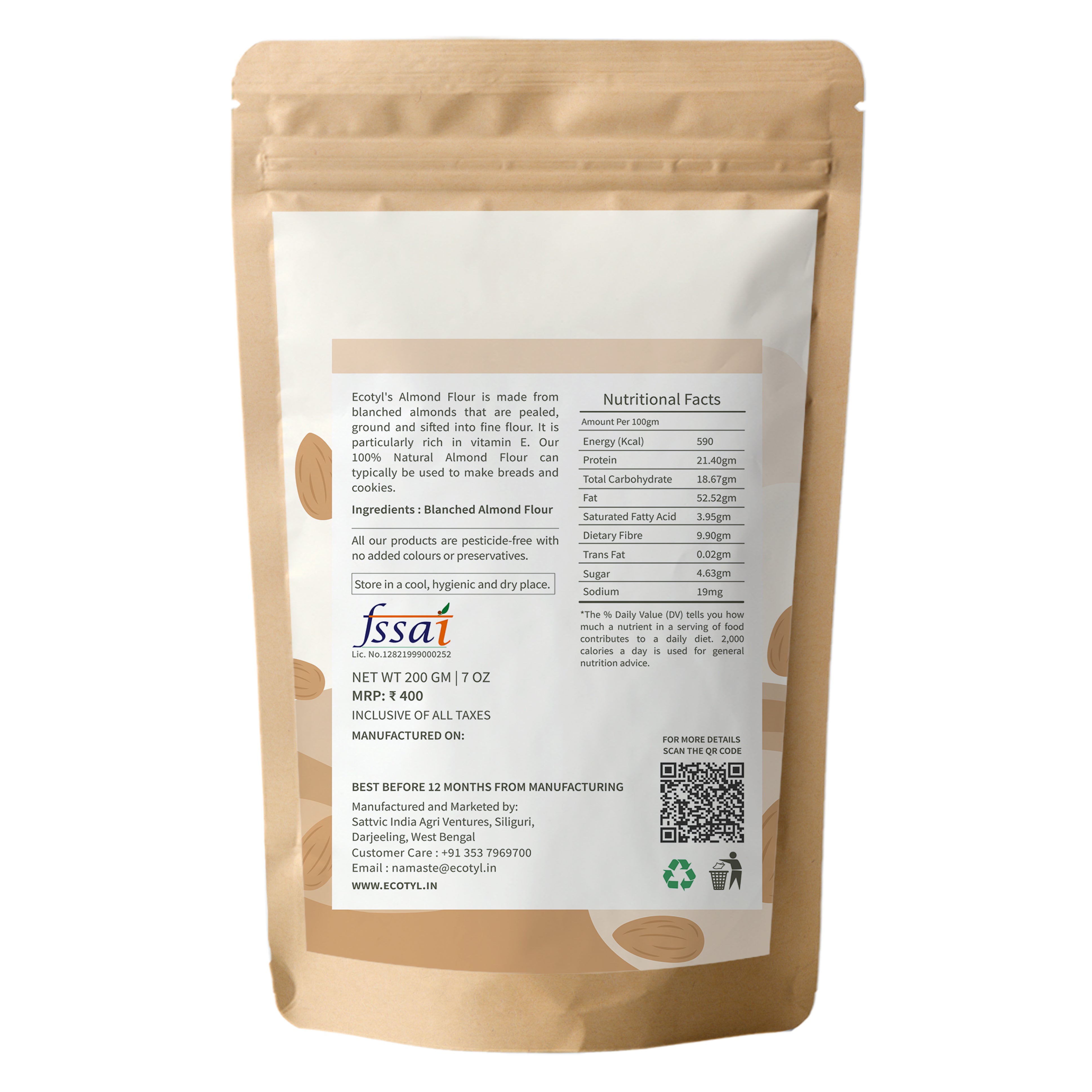 Ecotyl Almond Flour (Blanched) | Gluten Free | Keto Friendly | 200g