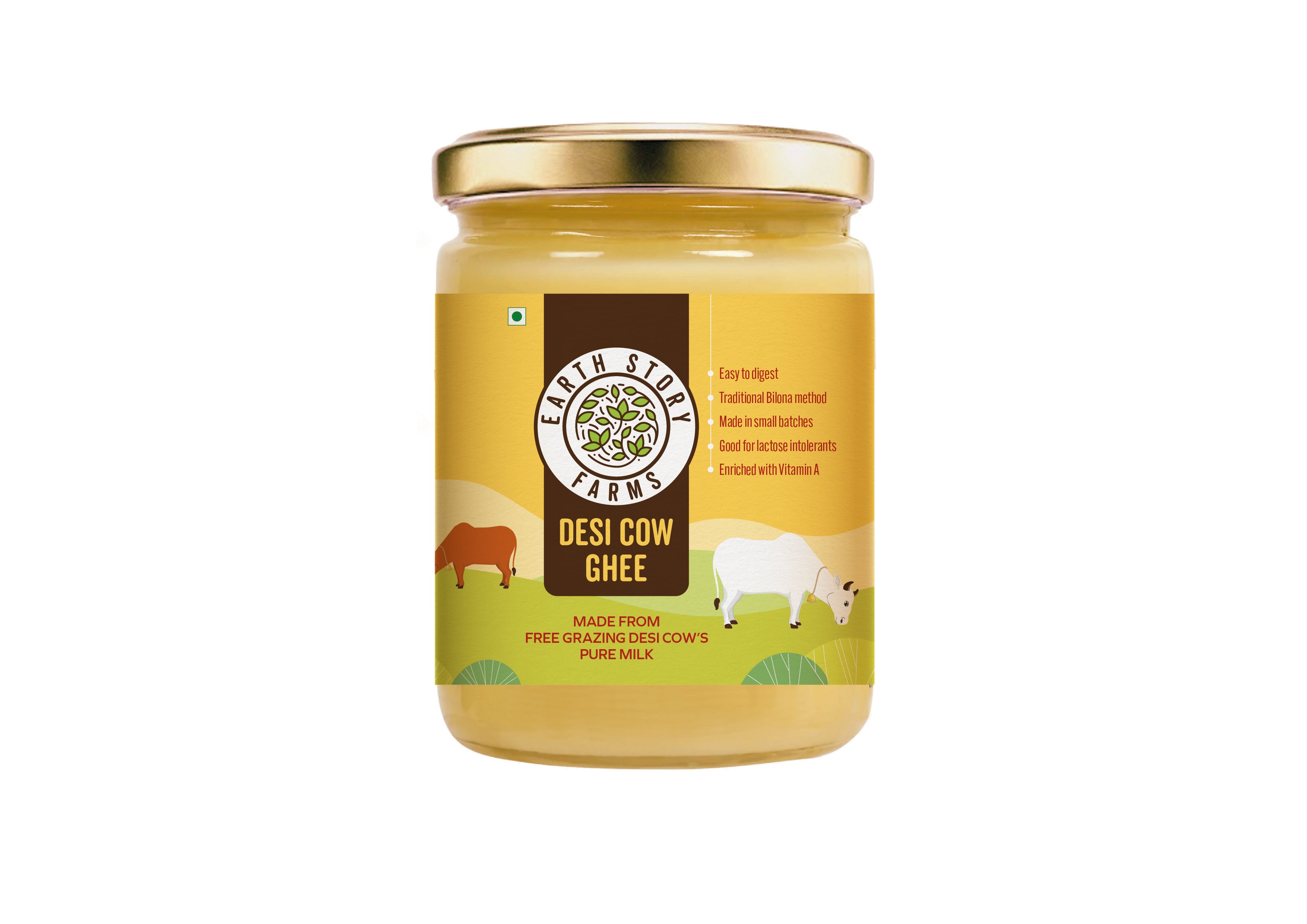 Earth Story Farms | Desi Cow Ghee | Free range cows | Grass fed | Bilona Ghee | 100% pure | No additives or fillers