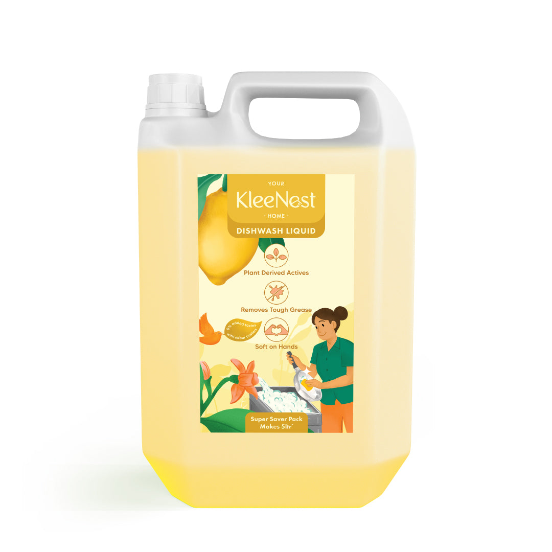 Kleenest Natural Dishwashing Liquid with Lemon Odour Busters | Removes Tough Grease, Soft on Hands | Plant-Derived Actives, LABSA & Paraben free | Safe for Baby & Pet Utensils | 5 Litre pack