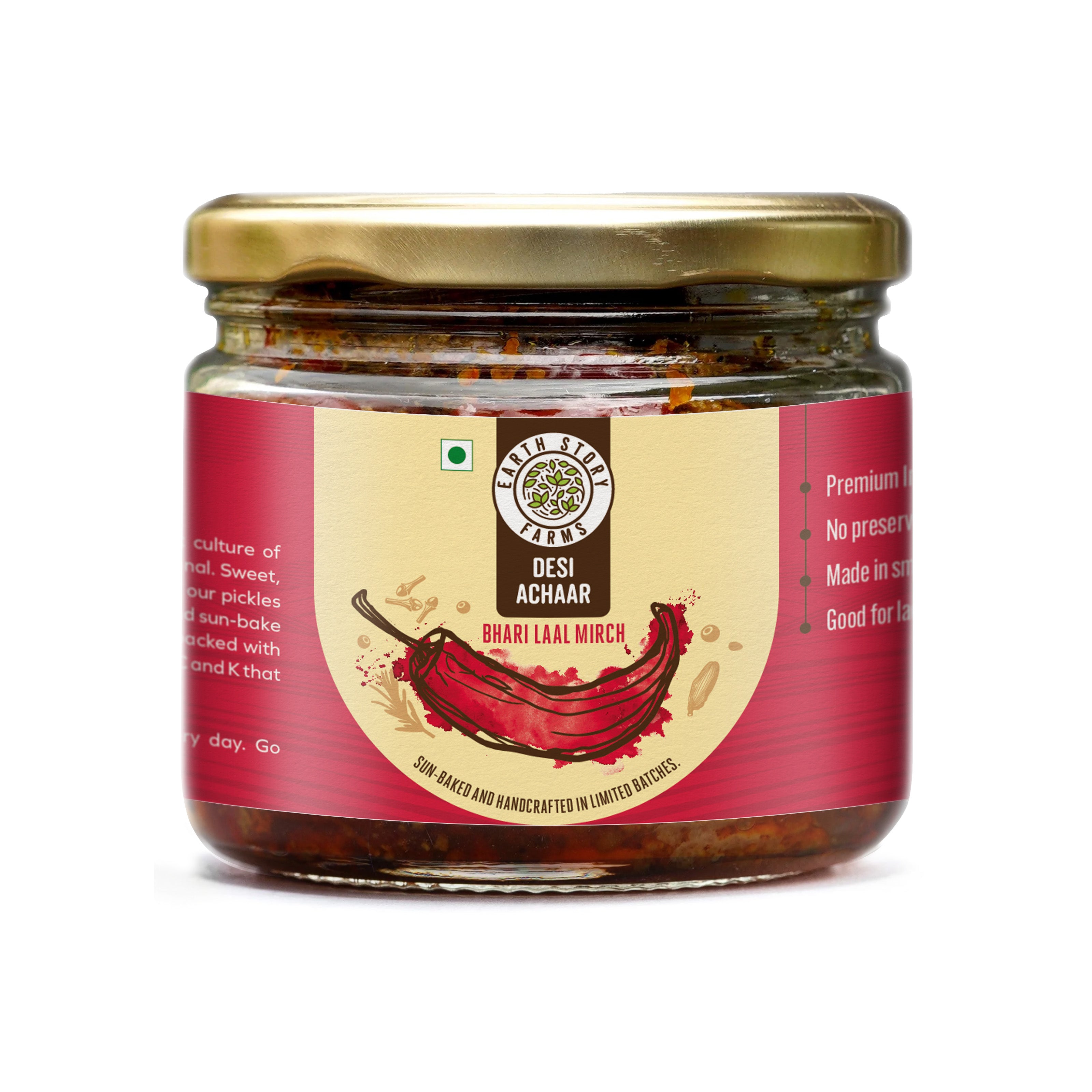 Earth Story Farms Desi Achaar | Bhari Laal Mirch | Stuffed Red Chilli | No preservative pickles | 250 g