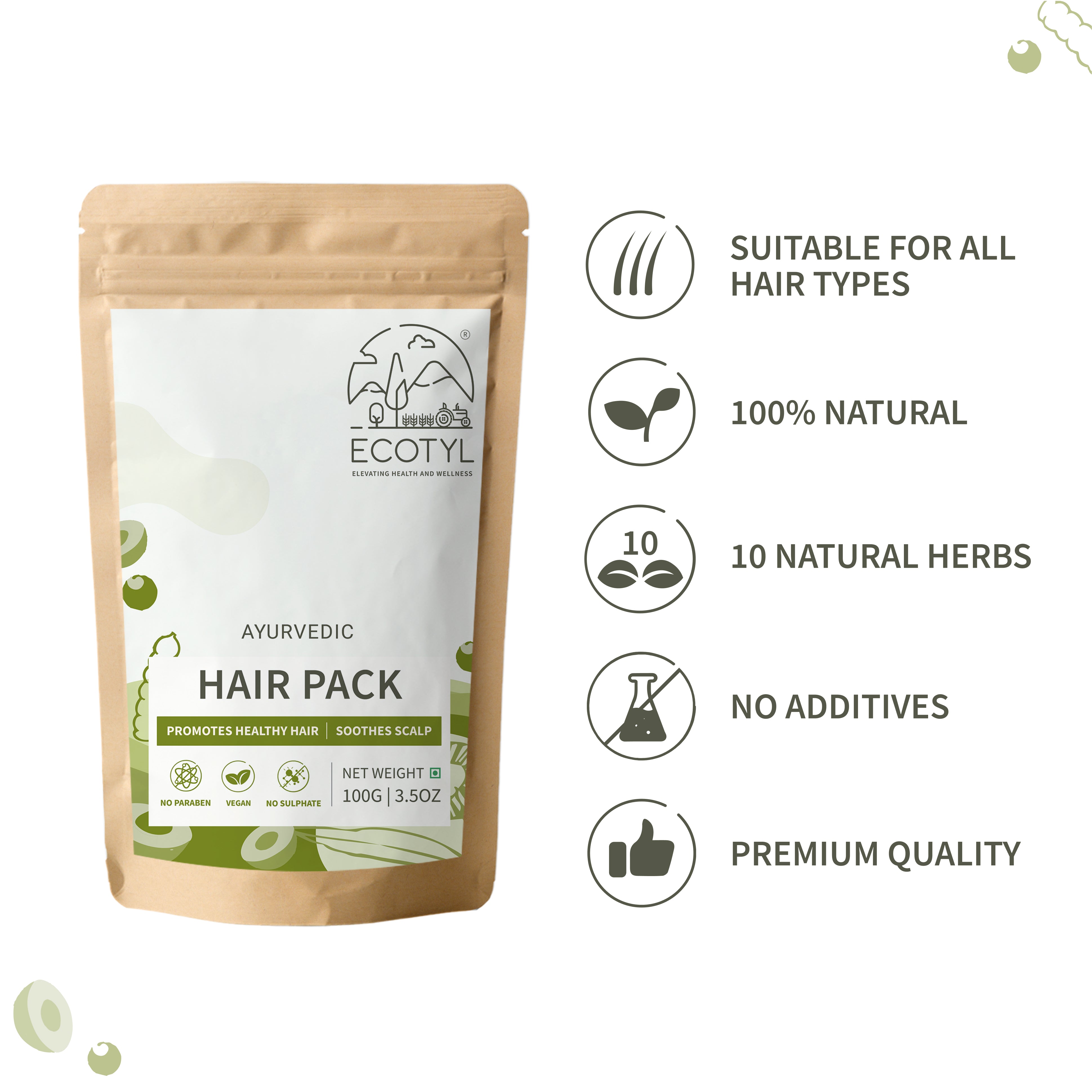 Ecotyl Ayurvedic Hair Pack | For Hair Conditioning & Strenghtening | Blend of 10+ Herbs | 100g