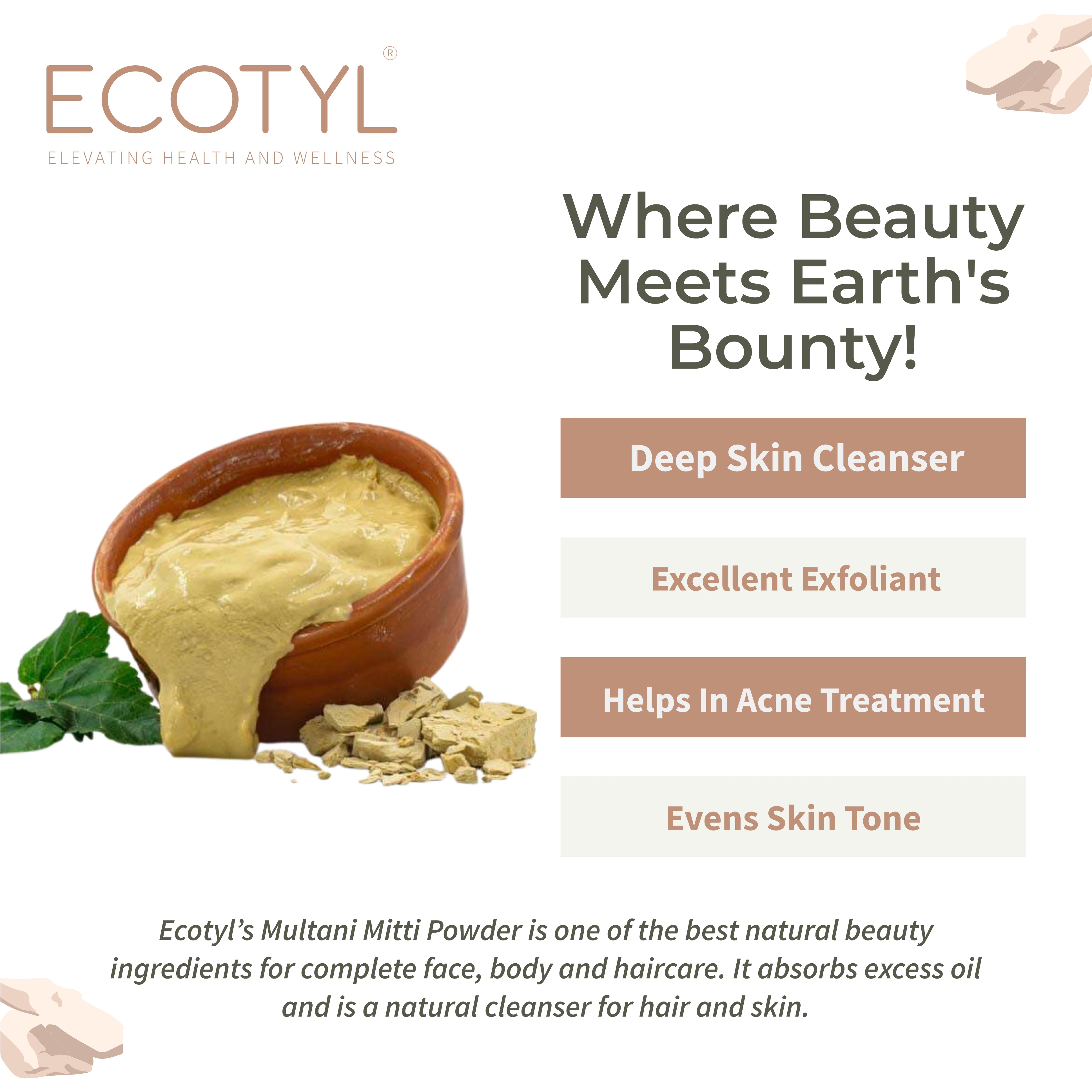 Ecotyl Pure Multani Mitti | Face Pack for Exfoliation & Clear Skin | Bentonite Clay - 150g