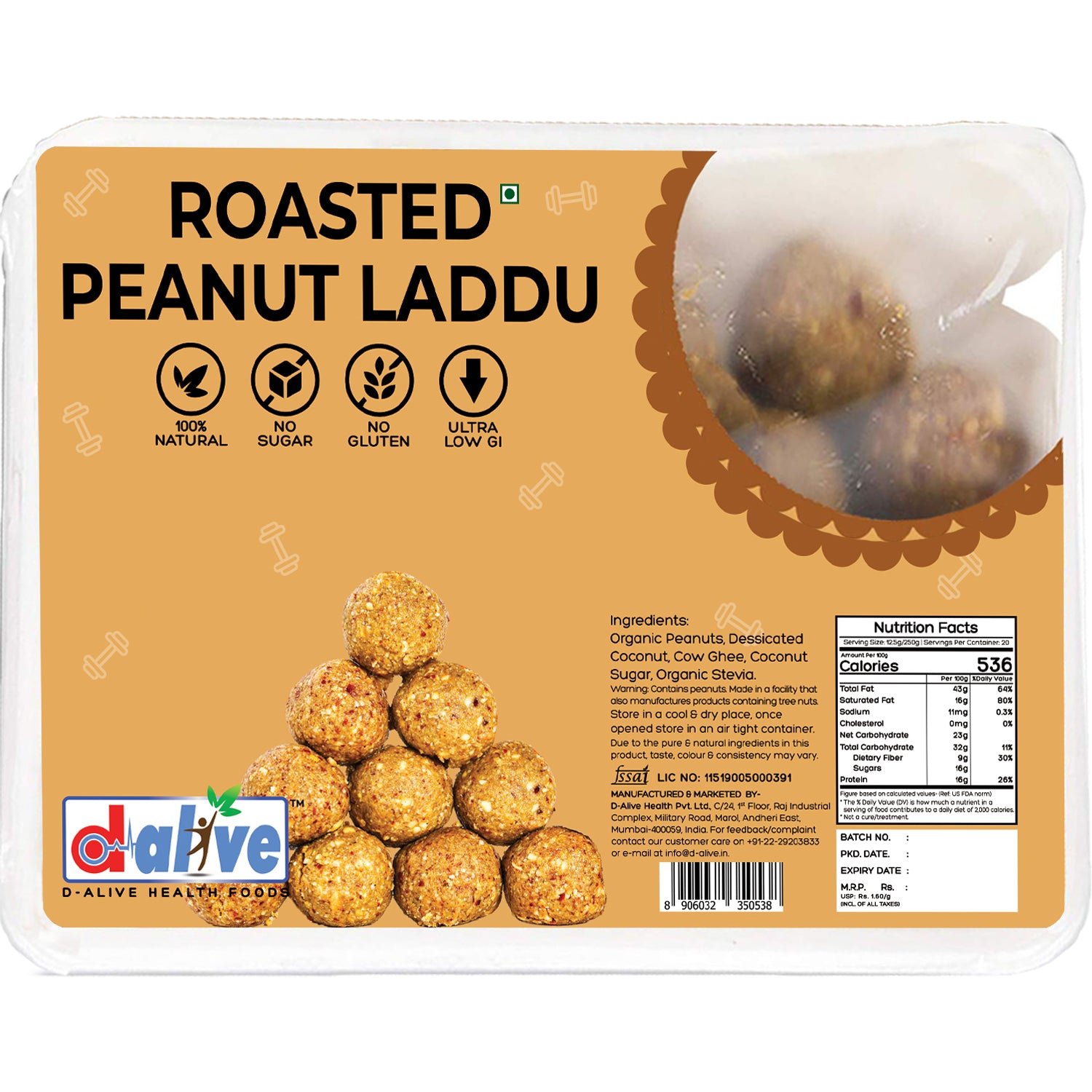 D-Alive Roasted Peanut Laddu/Ladoo - 250g (20 Servings) - (Sugar-Free, Low Carb, High Protein, Diabetes and Keto-Friendly) - Nutrient-Rich and Healthy Indian Sweets