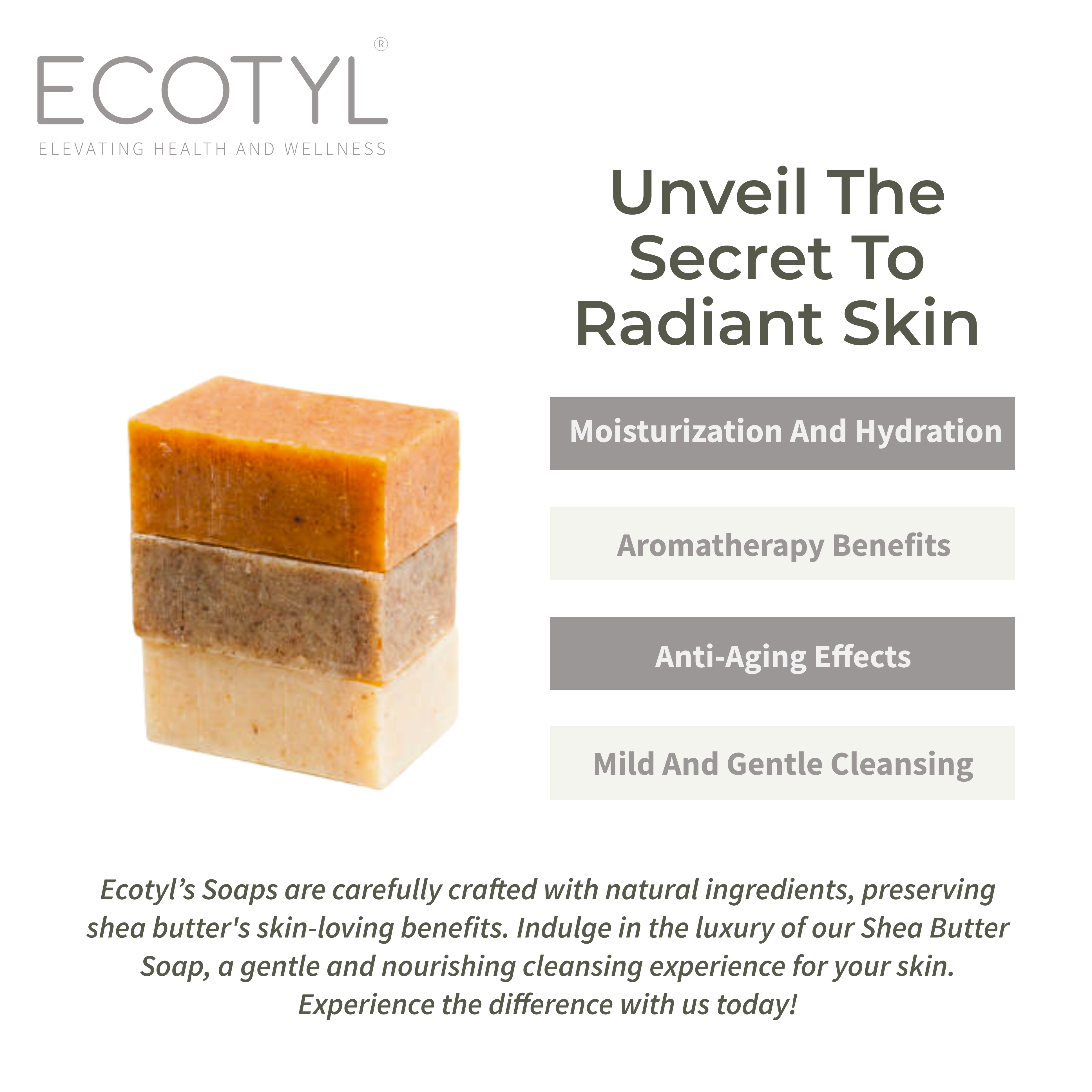 Ecotyl Shea Butter Soaps - Ubtan, Rose & Coffee | 100% Natural | Gentle Cleanser | Set of 3