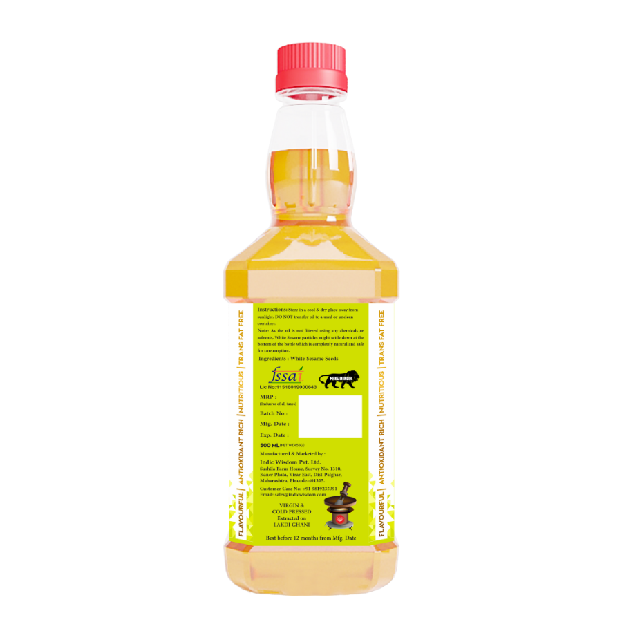 Indic Wisdom Wood Pressed White Sesame Oil I 500 ml I Cold Pressed I Extracted on Wooden Churner