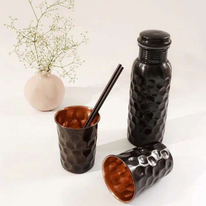 ONEarth Copper Bottle Black Finish Gift Set (750ml Antique Black Bottle with 2 Glasses)