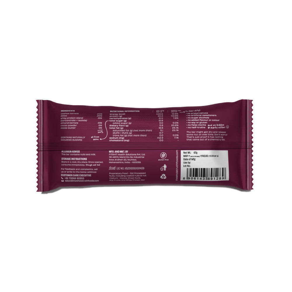The Whole Truth - High Protein Double Cocoa 20g Protein Bar - Pack of 5 x 67g each - No Added Sugar - No Preservatives - No Artificial Flavours - All Natural