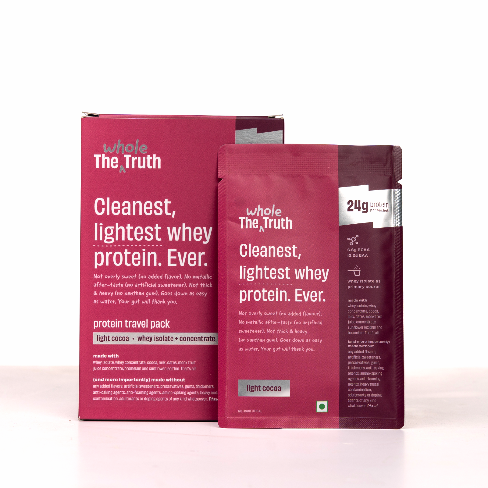 The Whole Truth Whey Protein Isolate+Concentrate | Light Cocoa 210g (Pack of 6) | 24g Protein/Sachet 6.6g BCAA | 100% Authentic & No Adulteration | Clean, Light & Easy to Digest | Sample & Travel Pack