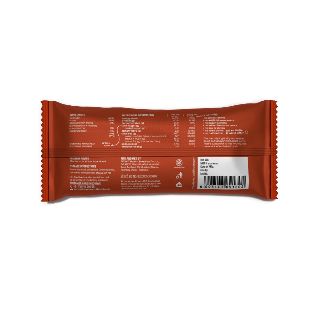 The Whole Truth - High Protein Peanut Cocoa 20g Protein Bar - Pack of 5 x 67g each - No Added Sugar - No Preservatives - No Artificial Flavours - All Natural
