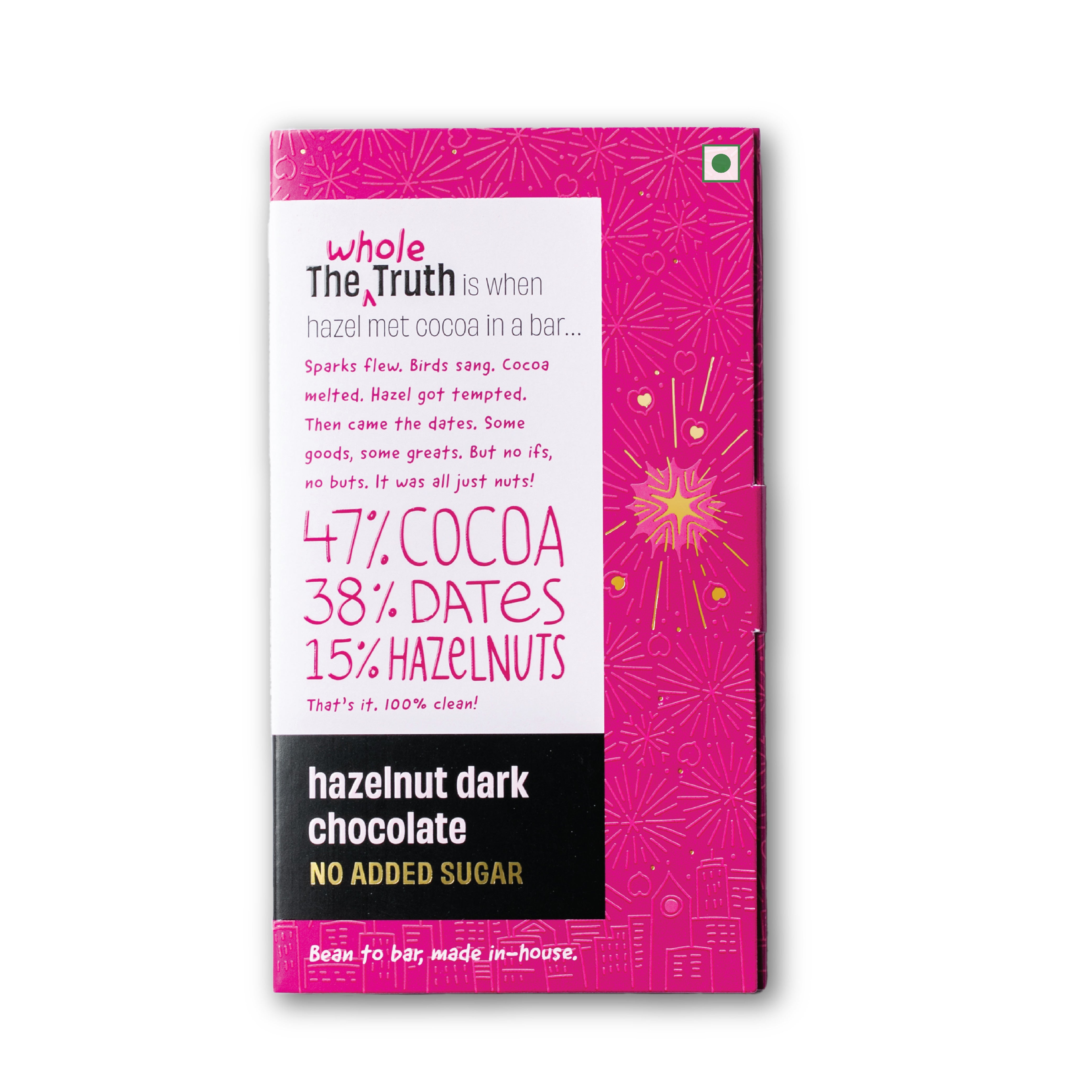 The Whole Truth Dark Chocolate - Hazelnut | Pack of 2 x80g | No Added Sugar |Sweetened Only with Dates |47% Cocoa, 38% Dates, 15% Hazelnuts | No Artificial Flavours | Portion Controlled