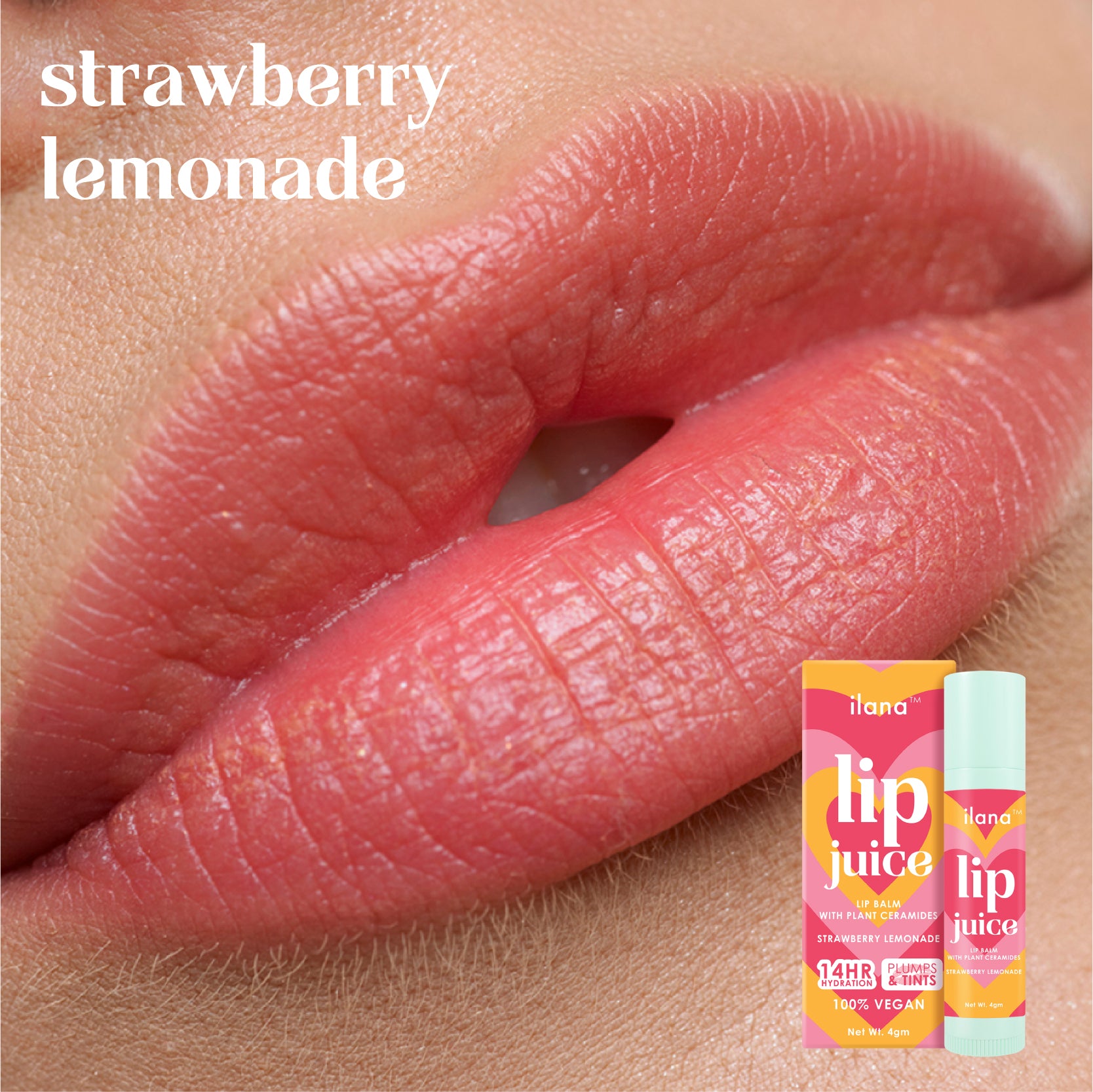 ilana - Lip Juice - Hydrating and plumping vegan tinted lip balm with plant ceramides - 14 hr hydration - Strawberry Lemonade - 4gm