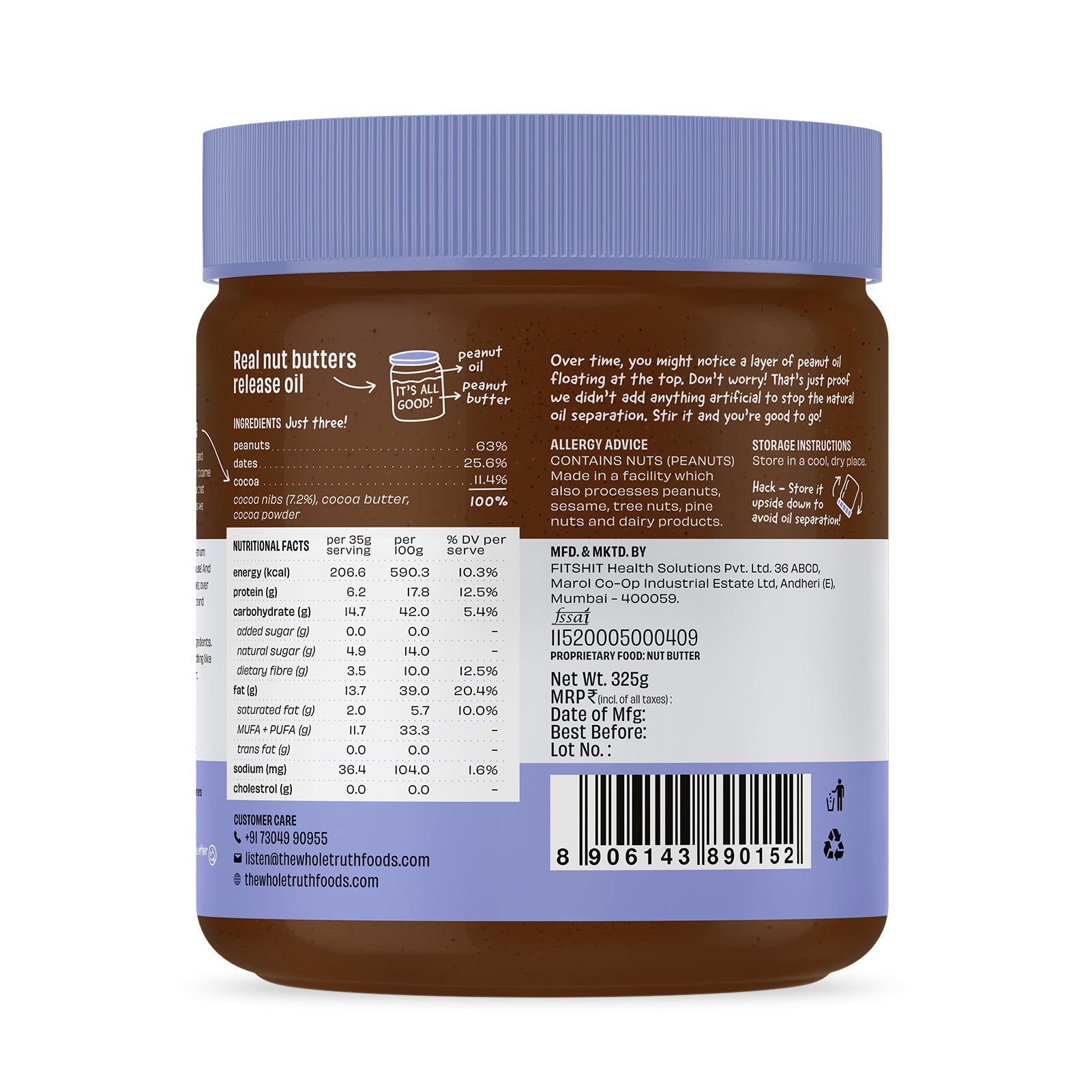 The Whole Truth - Dark Chocolate Peanut Butter - Crunchy | No Added Sugar | High Protein | No Artificial Sweeteners | No Palm Oil | Vegan | Gluten Free | No Preservatives | 100% Natural