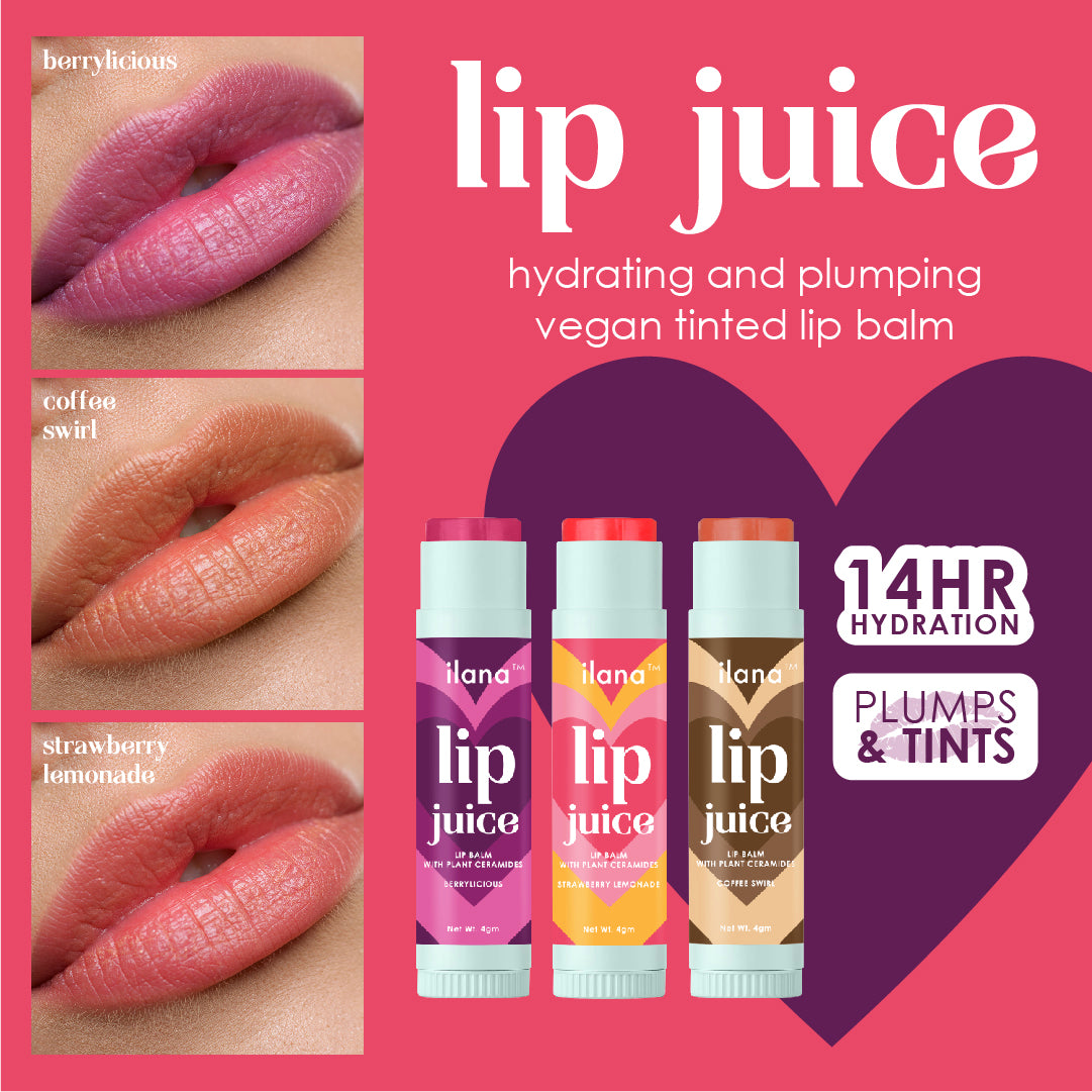 ilana - Lip Juice - Hydrating and plumping vegan tinted lip balm with plant ceramides - 14 hr hydration - Coffee Swirl - 4gm
