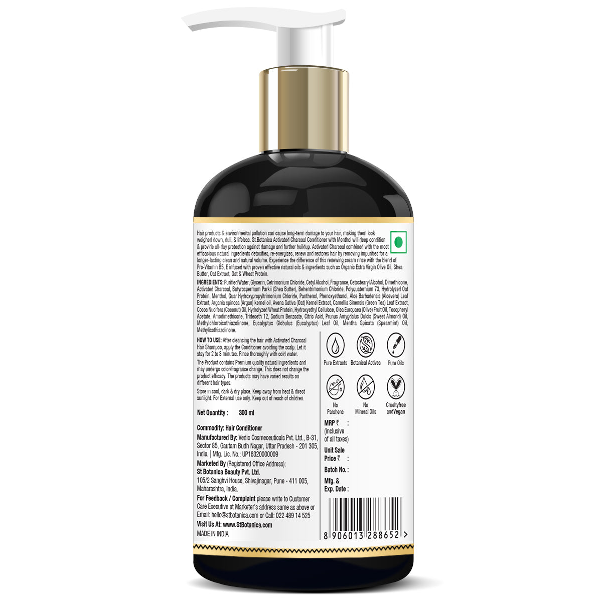 St.Botanica Activated Charcoal Hair Conditioner, Deeply Purifies and Removes Impurities, Refreshing Menthol With Organic Olive Oil, Shea Butter, Oats & Wheat Protein, 300 ml