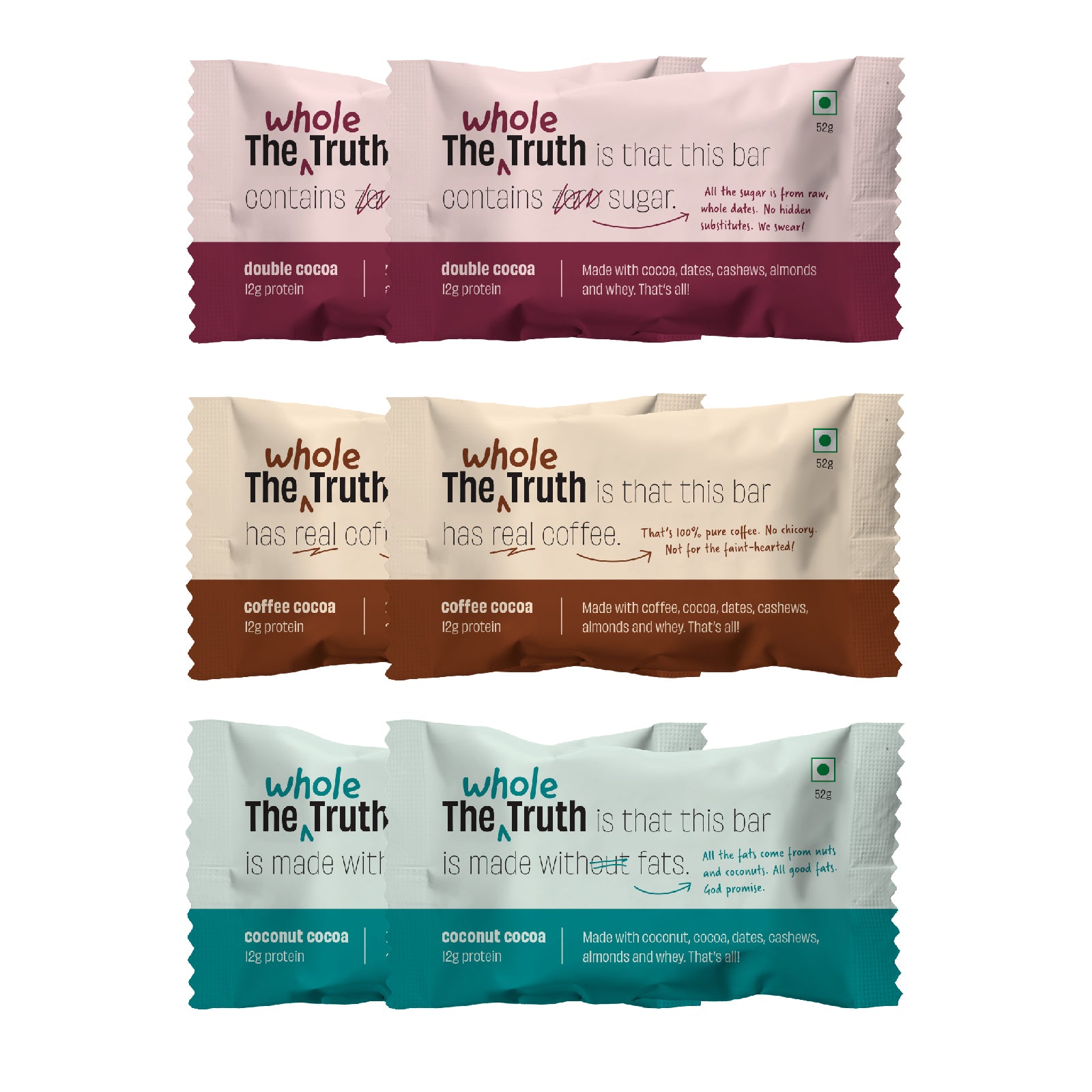 The Whole Truth Protein Bars | The Choco Heavy Box | Pack of 6 (6 x 52g) | No Added Sugar | All Natural