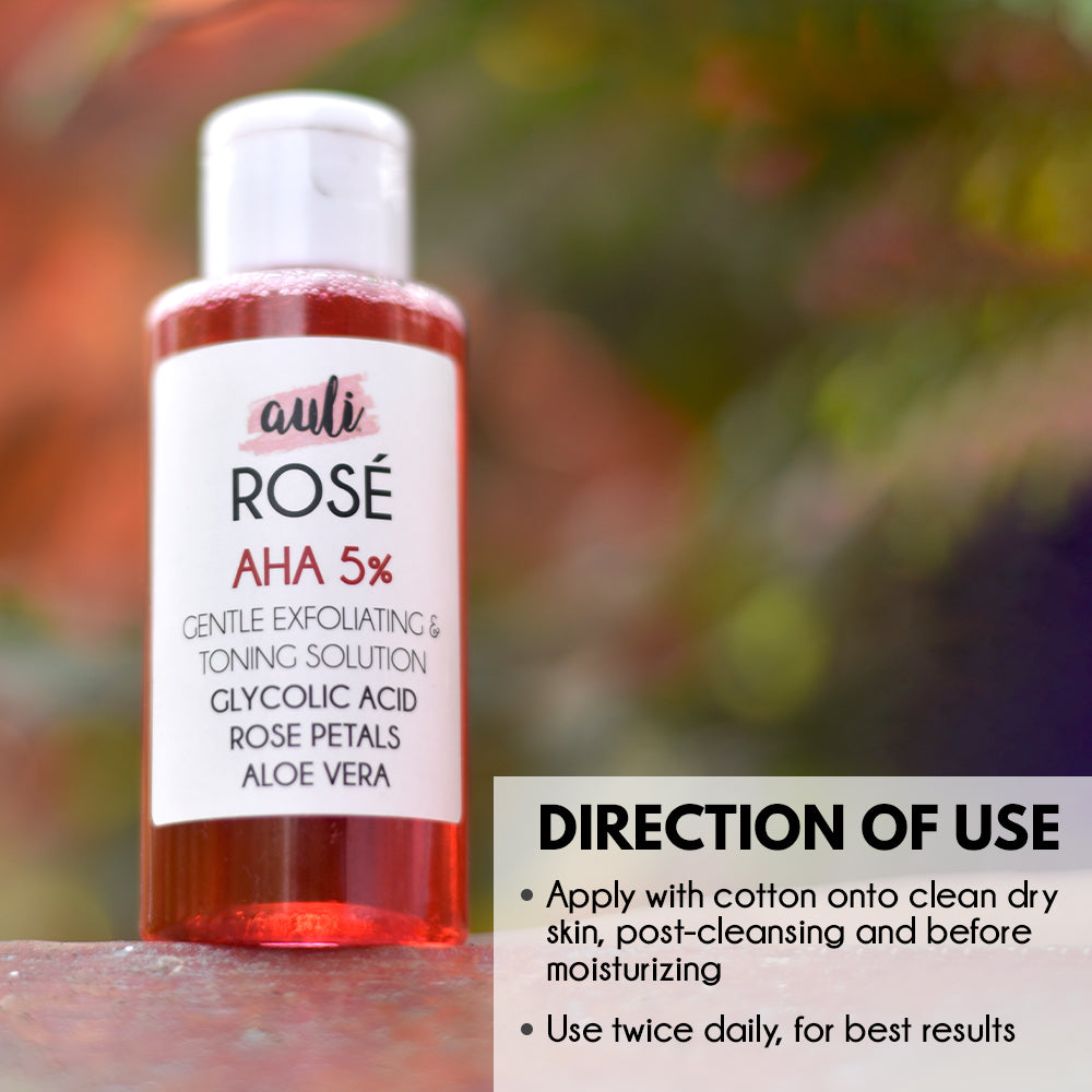 Auli Rose AHA 5% and Rose Water Deep Exfoliating Toner for all skin types, it helps purify skin and removes pigmentation for even toned skin - 100ML